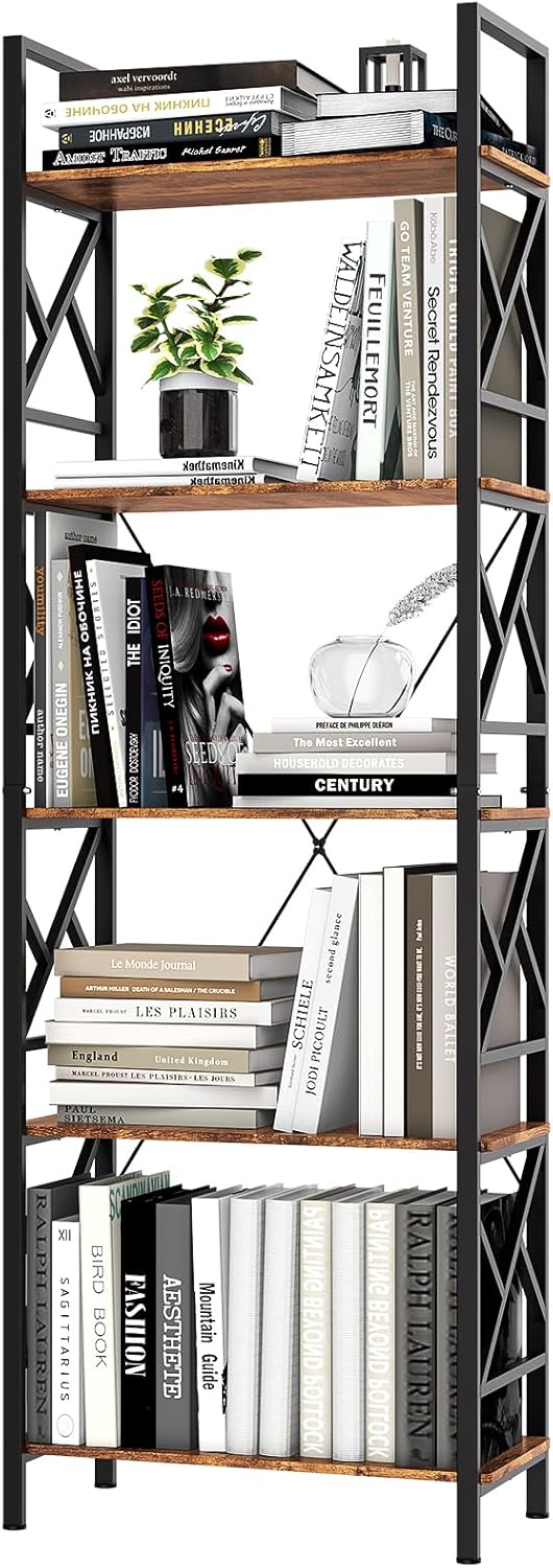 72"H 5-Tier Bookshelf: MDF Wood & Steel Shelves with 500lbs,Tall Narrow Adjustable-Shelf Bookcase.Bookshelves Storage Organizer, Industrial Display Standing Shelf Unit for Living Room/bedroom/Office