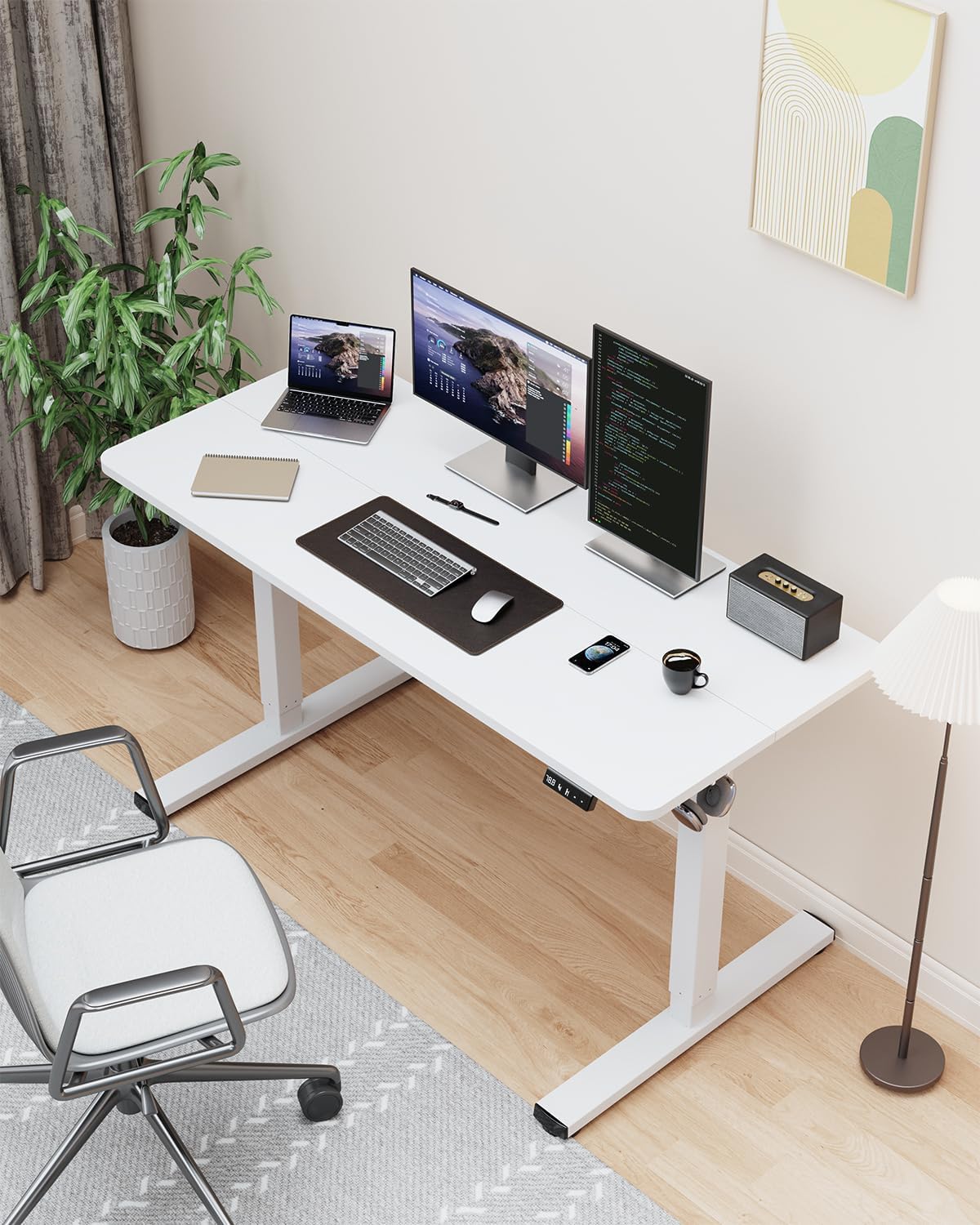 Standing Desk, Small Height Adjustable Electric Stand up Desk, 40" x 24" Sit Stand Computer Home Office Desk with Splice Board, White Frame/White Top