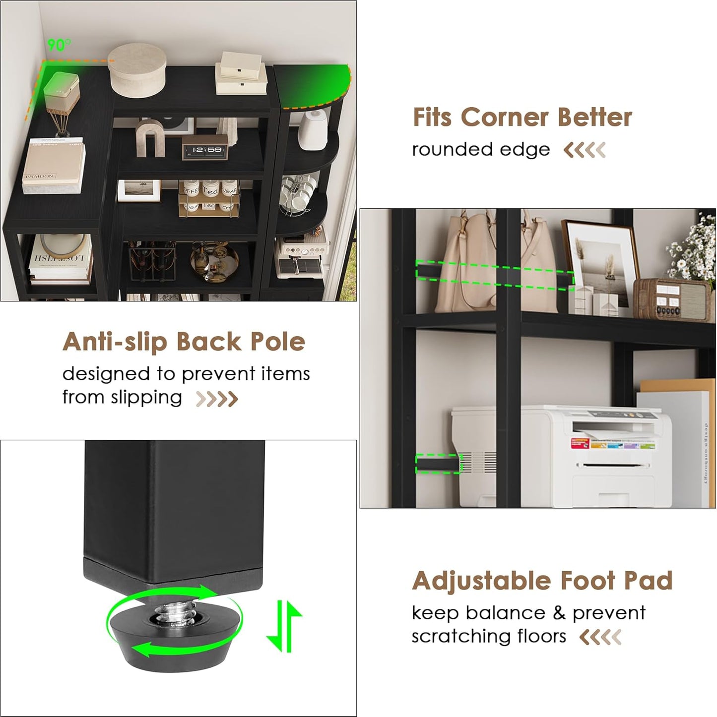 Keyluv Black Corner Bookshelf 72" Tall Corner Book Shelves Cases 2 Pieces Open Bookcase Large Storage Display Shelf Standing 6 Tier Shelving Unit with Cabinet for Home office Living Room, Wood & Metal