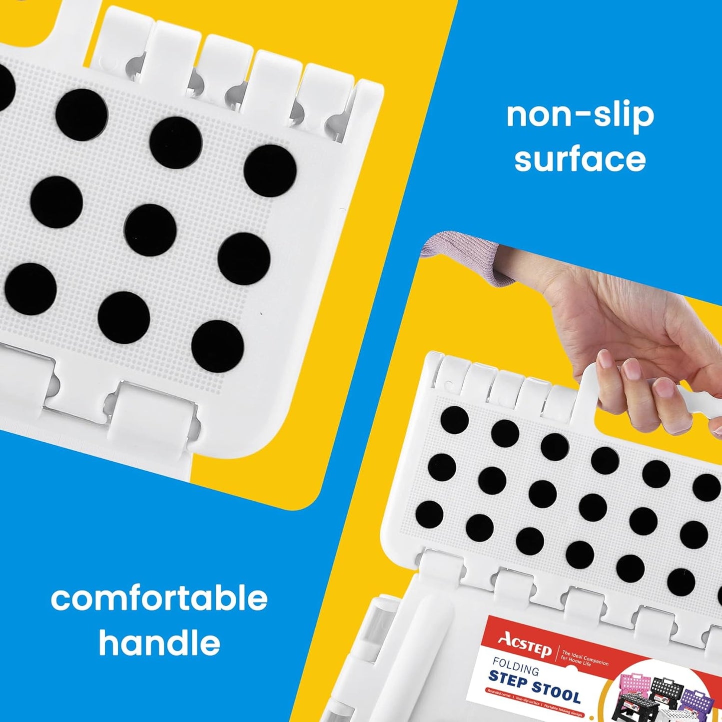 ACSTEP Folding Step Stool for Adults and Kids 11 Height Lightweight Plastic Stepping Stool Foldable Step Stool Hold up to 300lbs Non Slip Collapsible Stool White