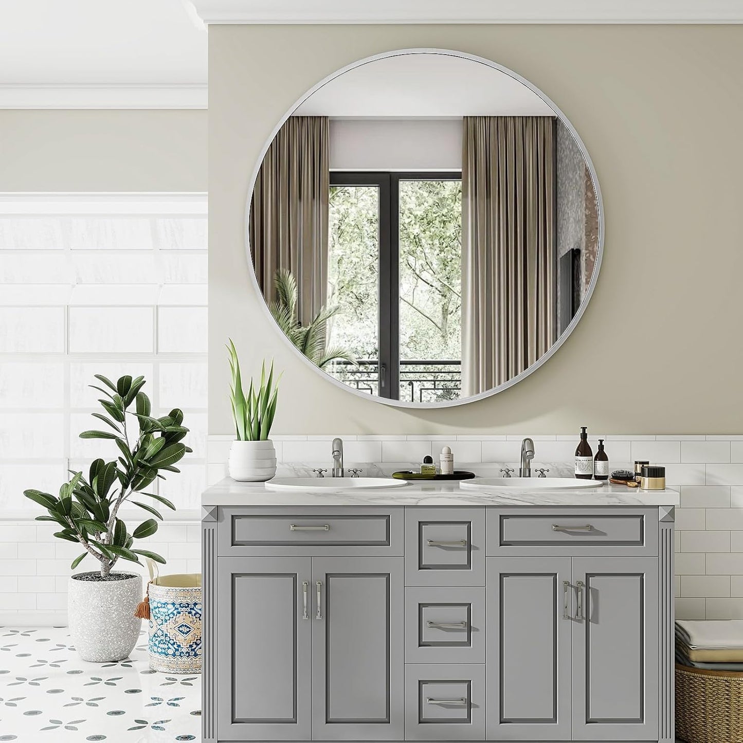 Black Round Bathroom Mirror, 42 inch Large Circle Wall Mounted Hanging Mirror with Simple Modern Circular Metal Frame for Hallway, Entryway, Living Room, Silver Frame