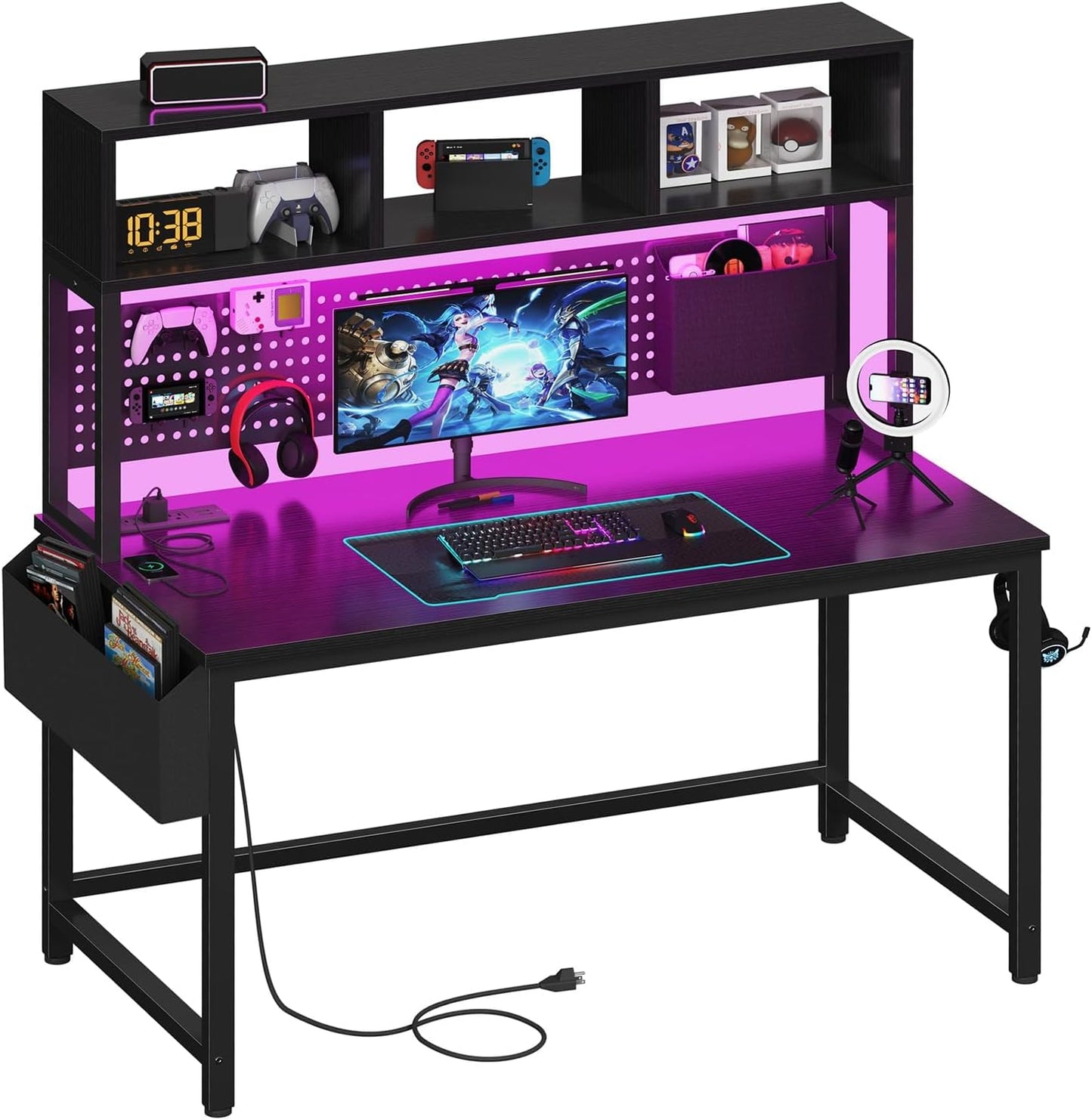 Black Gaming Desk with Hutch and Pegboard - 47 Inch Gaming Desk with Shelves Storage Power Outlets, Computer Teen Work Study Writing Desks for Bedroom Home Office