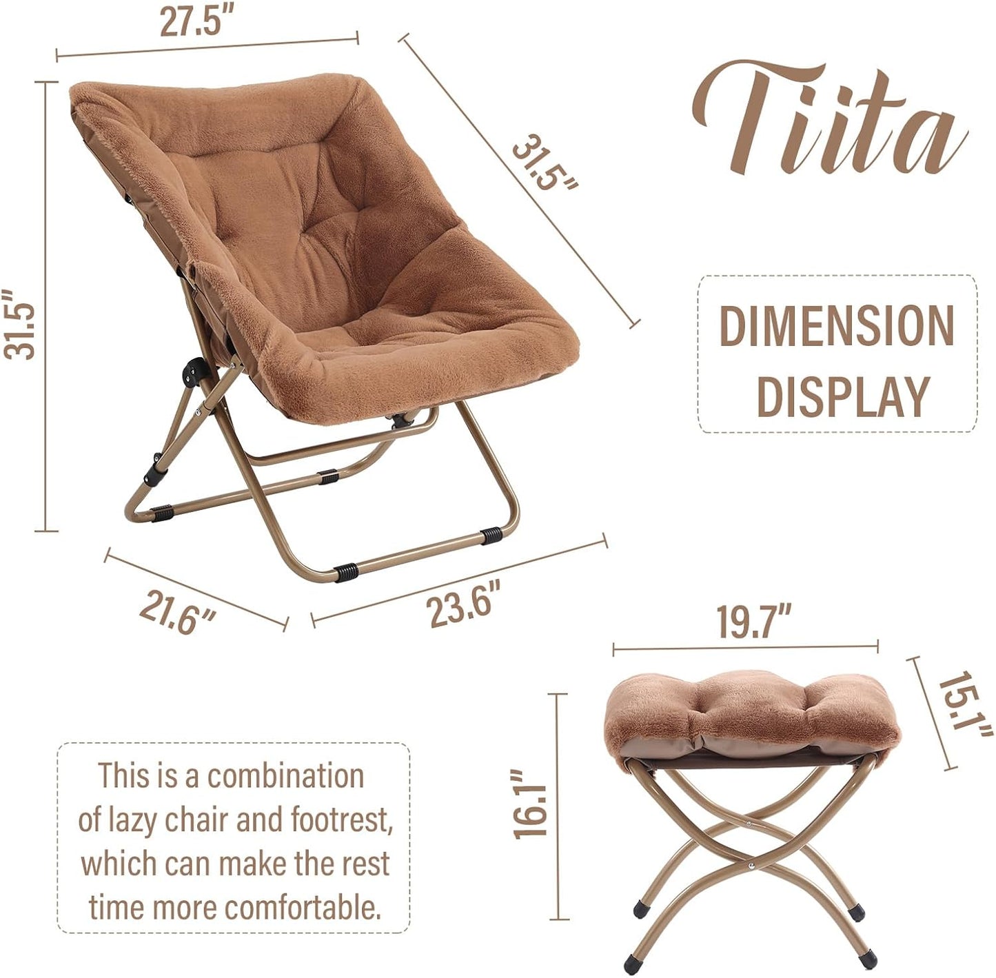 Tiita FoldedChair with Ottoman, Soft Faux Fur Oversized Folding Accent Chair,Lounge Lazy Chair, Metal Frame Moon Chair for Bedroom, Living Room, Dorm Rooms, Garden and Courtyard