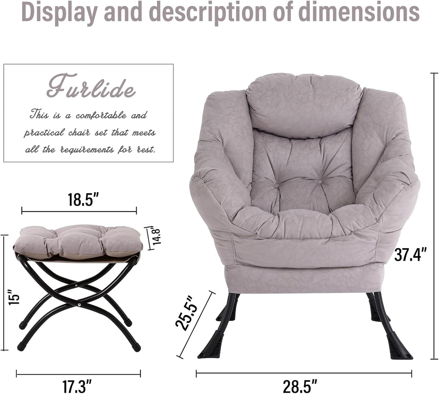 Lazy Chair with Ottoman, Modern Chair with Folding Footrest, Lounge Accent Chair, Comfortable Reading Chair, Oversized Armchairs for Bedroom, Study, Living Room, Courtyard (Light Grey)