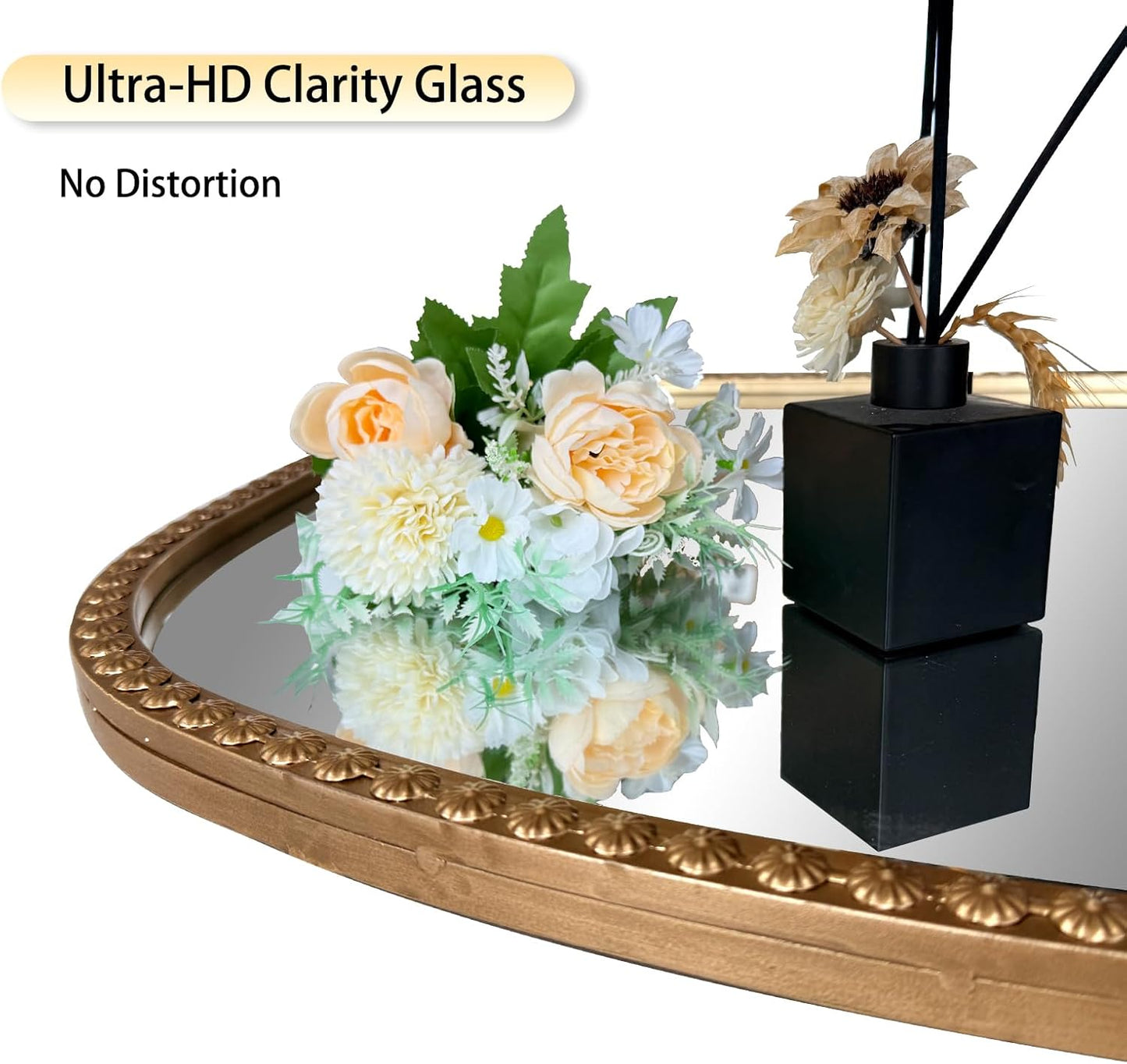 Gold Arch Mirror, 36"x28" Metal Beaded Frame Mirror, Ornate Decorative Accent Mirrors, Vintage Arched Mirrors for Vanity Bathroom Bedroom Entryway Living Room Fireplace