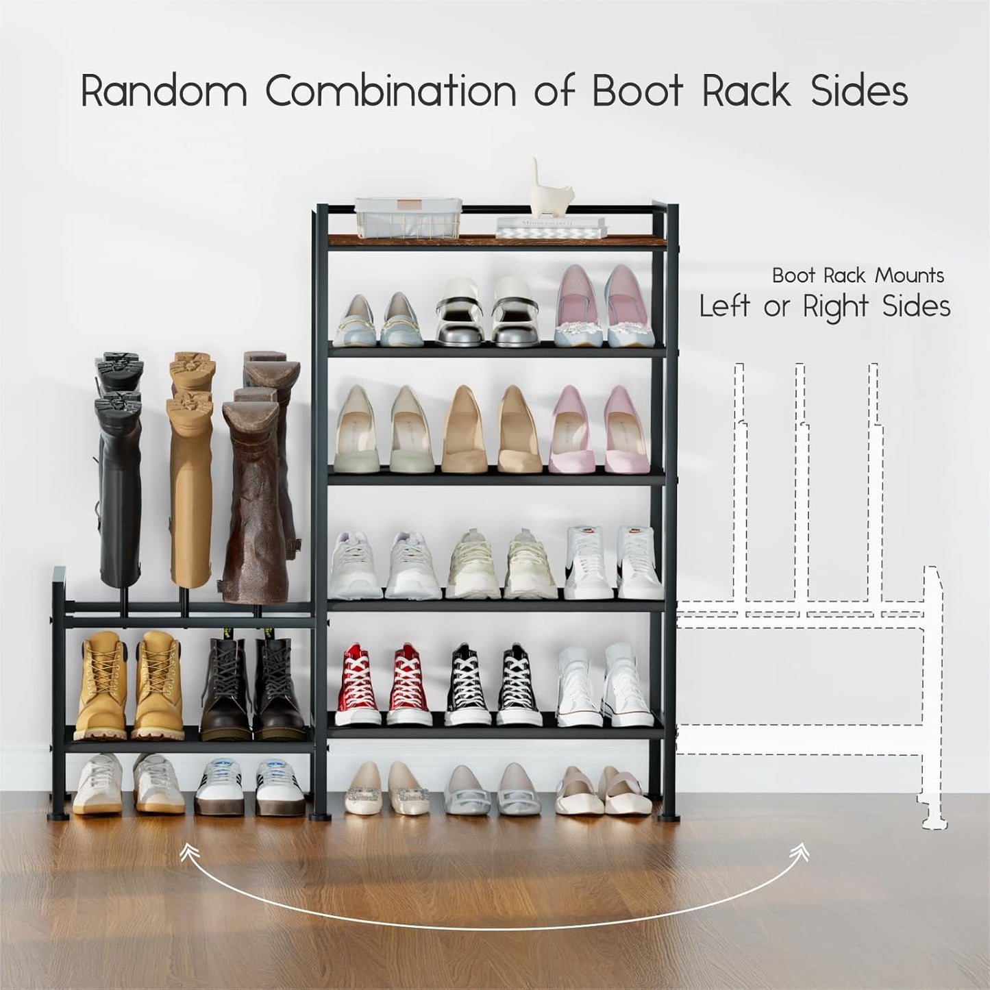 Shoe Rack Organizer and Storage - 5 Tier Metal Shoe Rack with Boot Storage & Side Any Combination - Space Saving Shoe Shelf for Entryway, Bedroom, Closet, Garage, Small Spaces