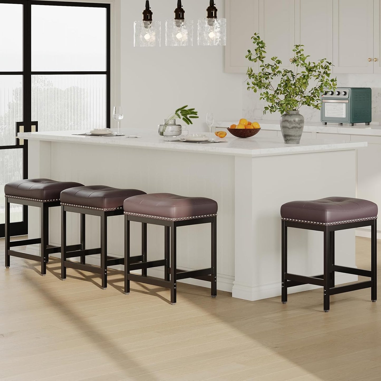 MALOL Set of 4 Saddle Bar Stools Counter Height 24.4”, Backless Barstools for Kitchen Island, Modern PU Leather Cushioned Seat, Bar Chairs for Kitchen Counter, Breakfast Bar Stools for Home,Brown