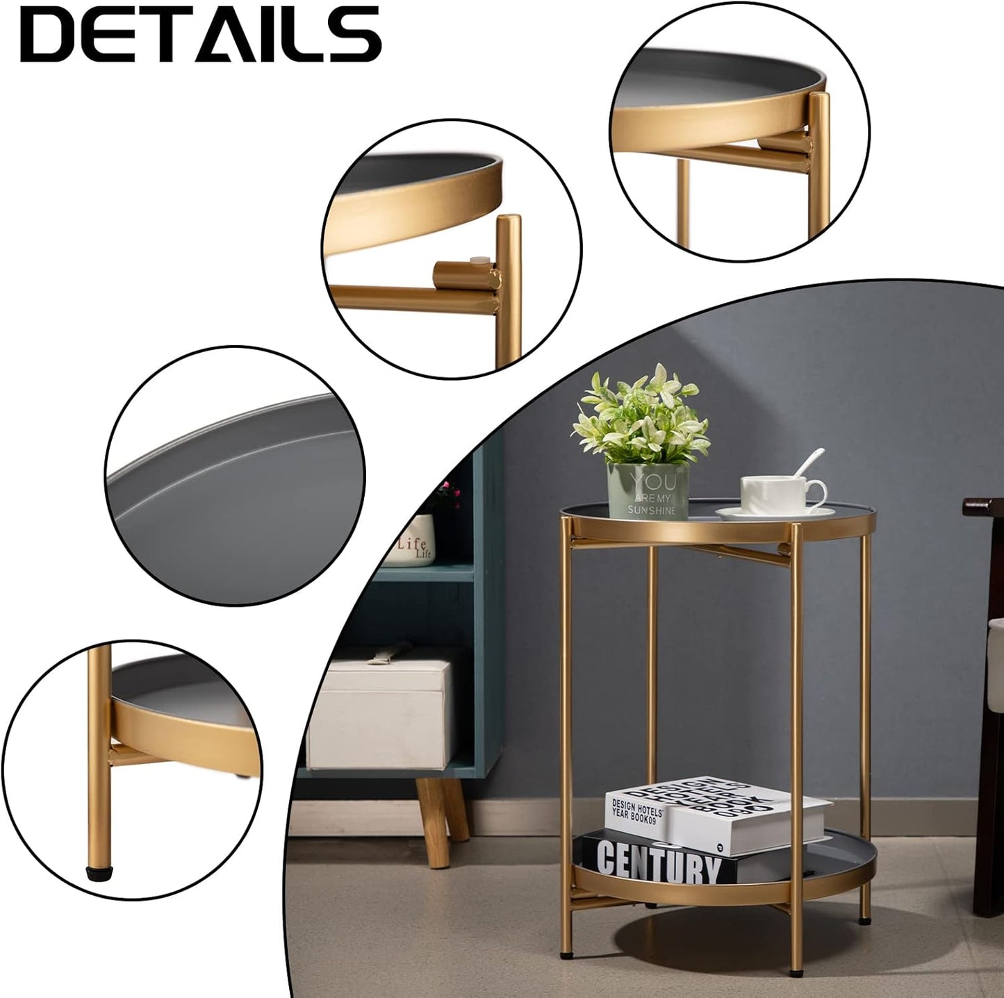 HollyHOME 2-Tier Round Gold Side Table, Outdoor Small Folding Accent Stand with Removable Tray, Anti-Rust Metal Asional Table for Balcony Patio Living Room, Nightstand for Bedroom(Gold&Grey)