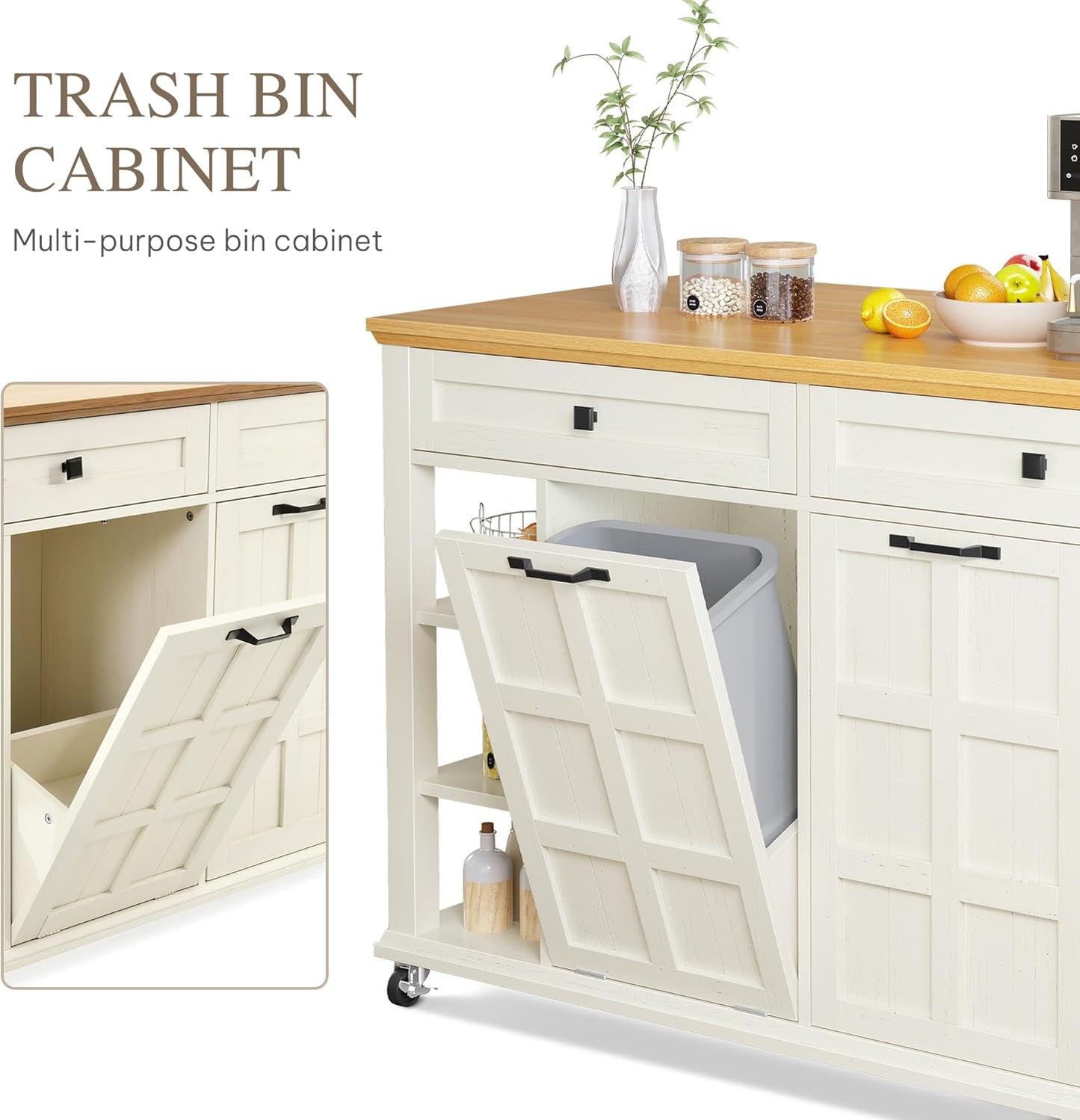 DWVO Kitchen Island with Drop Leaf, Tilt Out Trash Can Cabinet, Mobile Storage Islands with Power Outlet, Americana Rolling Island Table on Wheels with Open Shelves for Dining Room, Off White