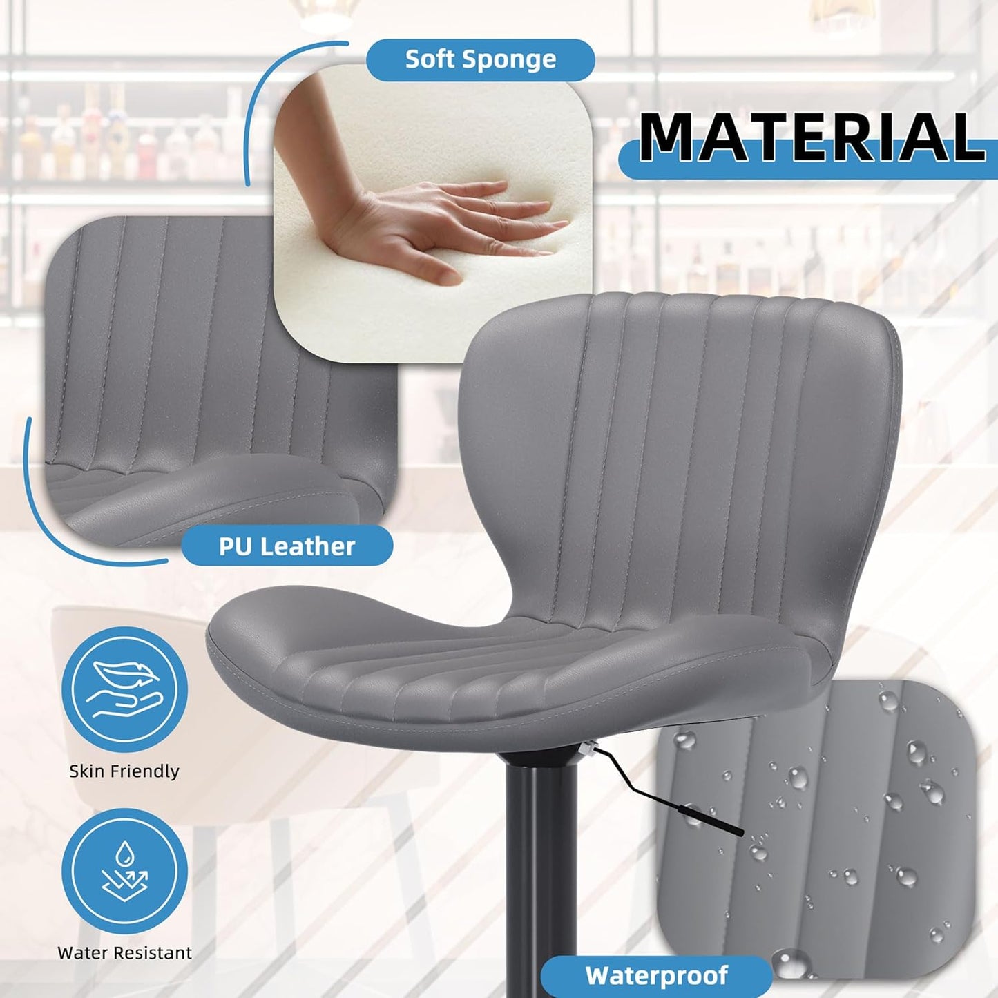 Shintenchi Bar Stools Set of 2 Modern Swivel Bar Chairs, Counter Height Faux Leather Metal Barstools, Upholstered Island Chairs with Back and Footrest, Gray