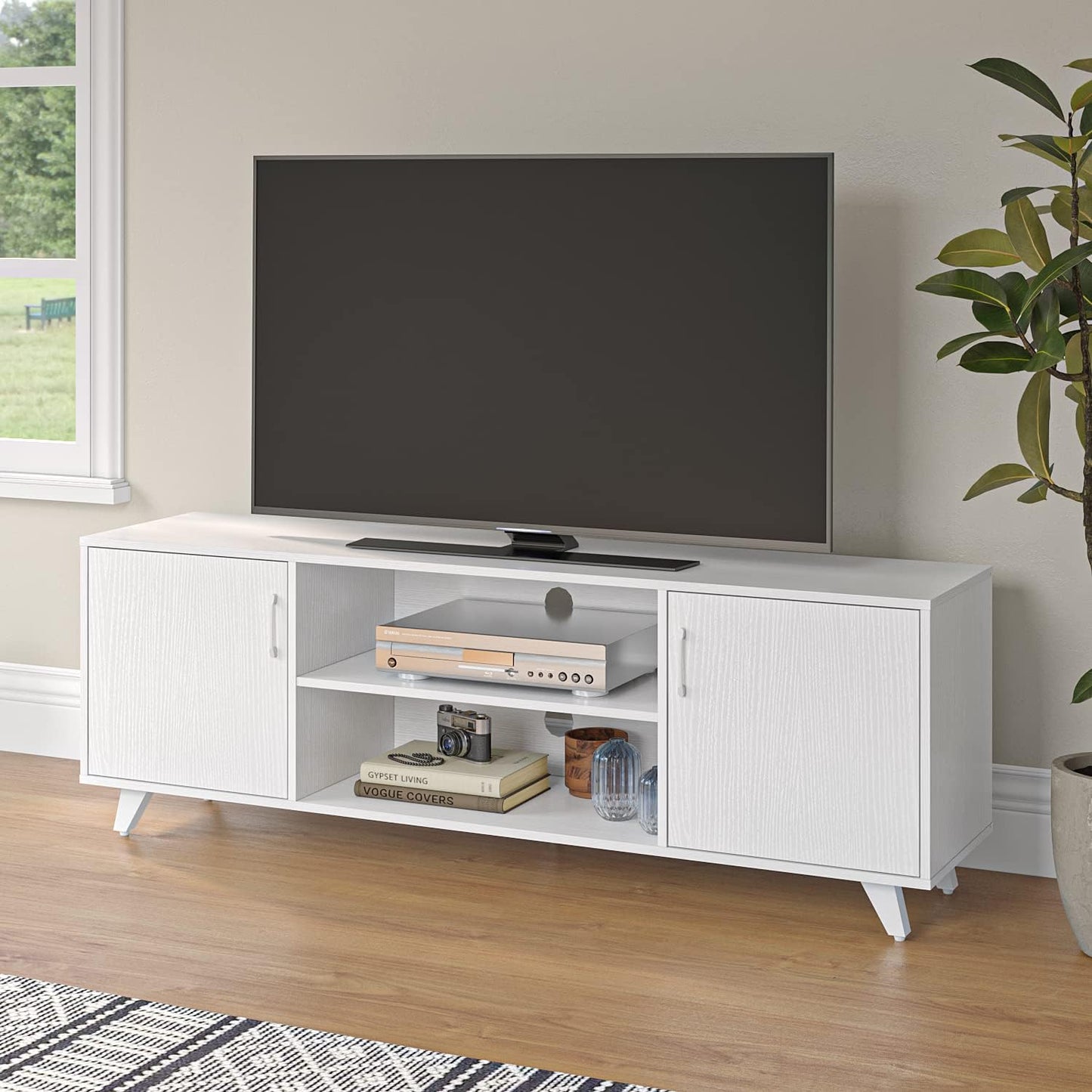 Panana Mid Century TV Stand Entertainment Center with 2 Doors, Wooden Medial Console Table for Living Room Furniture, 53.5" x 15" x 21.7" (White)