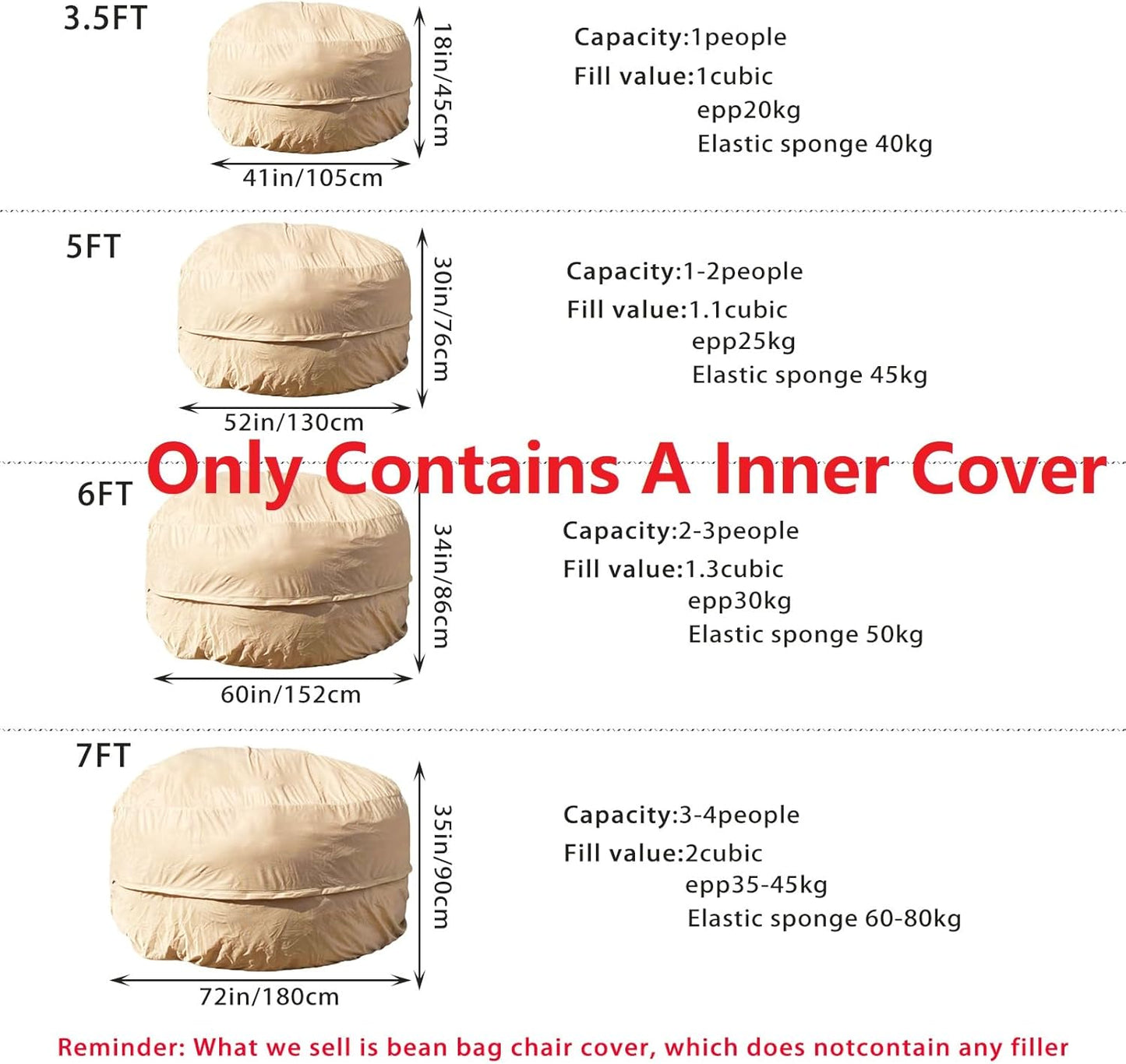 BCU Giant Bean Bag Cover Inner Lining for EPP EPS Beanbag Beans Storage Reusable Washable, 5FT