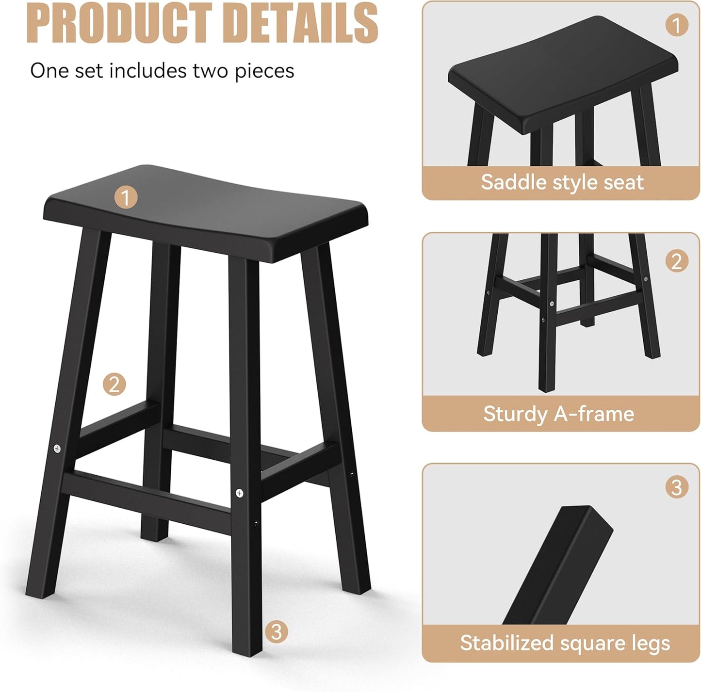 Bar Stools Set of 2, Waterproof UV-Resistant,Durable Resin Kitchen Island Chairs for Indoor & Outdoor Use, Modern Design for Home,Bar,and Cafe (24“)