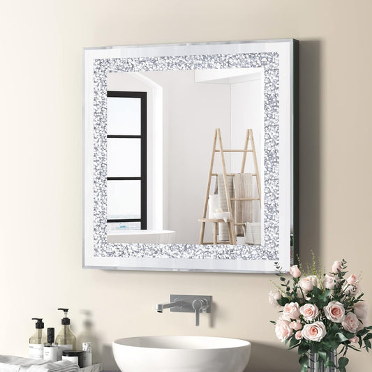 Crystal Decorative Mirror-24 x24 Rectangle Gorgeous Silver Mirror, Crush Diamond Mirror for Wall Decoration Bedroom, Hallway, Dining Room