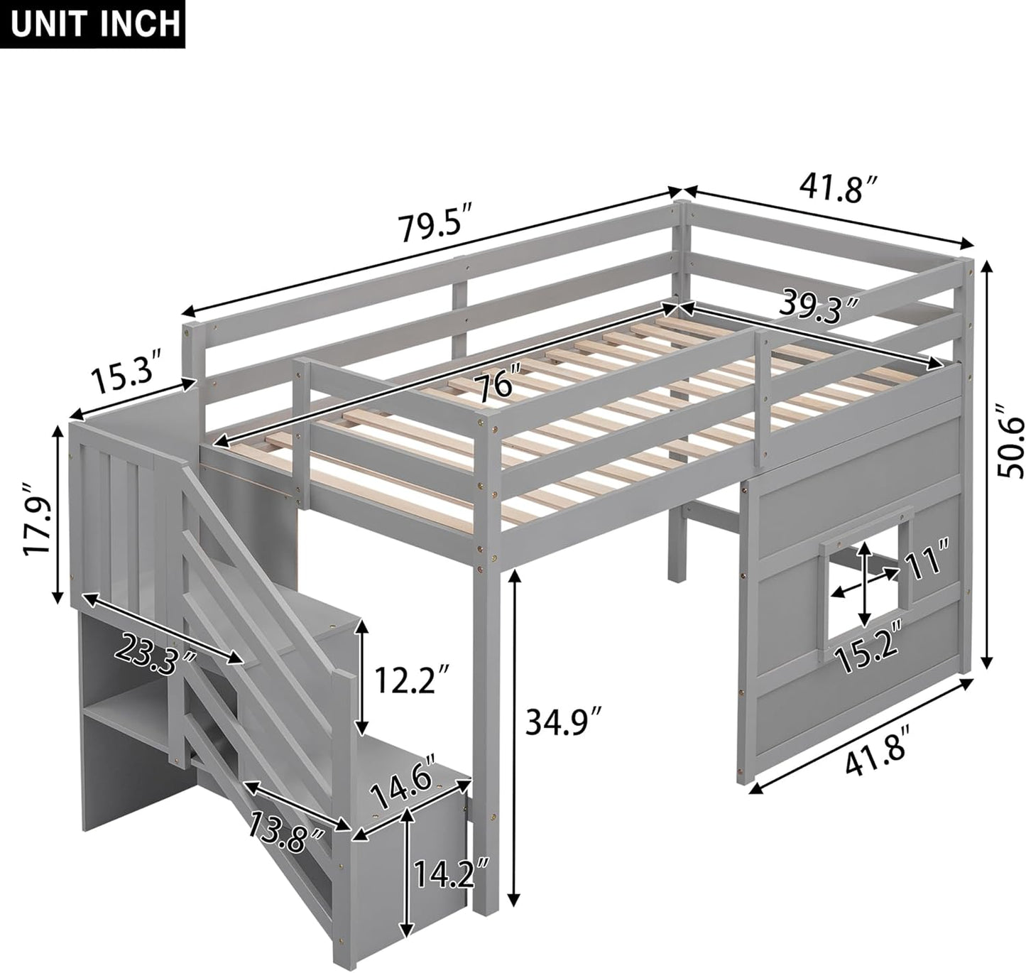 Twin Size Loft Bed with Storage Staircase and Window,Wood Twin Loft Bunk Bedframe with Full-Length Guardrail and Sturdy Slat Support, No Noise,No Box Spring Needed,for Kids,Teens,Boys,Girls,Gray