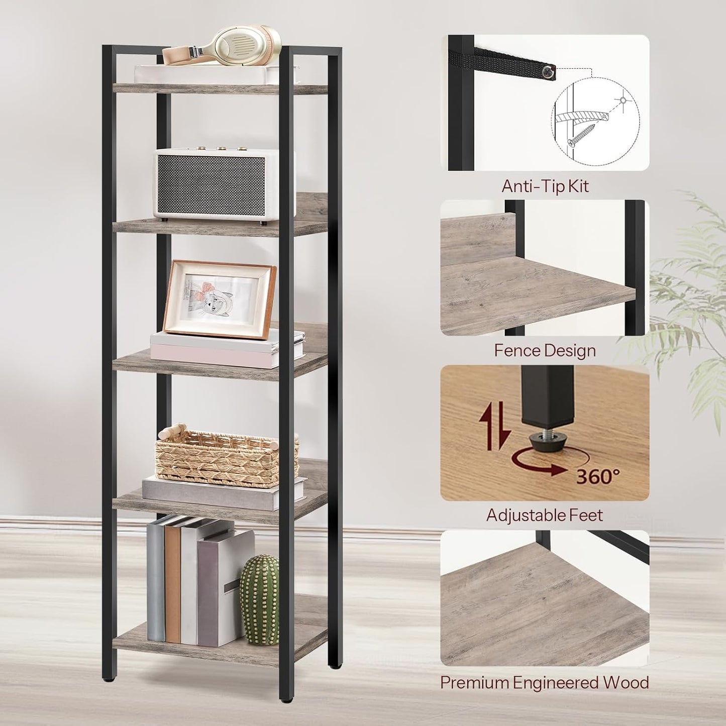 5-Tier Bookshelf, Bookcase, Shelves Organizer for Small Spaces, Storage Shelf Organizer, for Living Room, Bedroom, Study, Balcony, Greige and Black BKHG5501