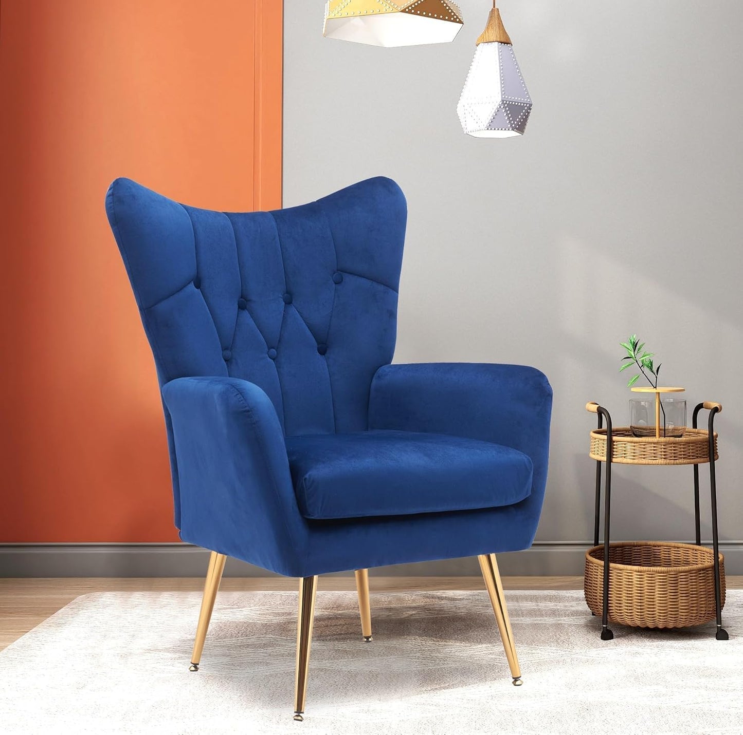 Container Furniture Direct Modern Chic Mid-Century Velvet Accent Armchair for Living Room, Bedroom, or Home Office, Button-Tufted Wingback Design with Gold Flared Legs, Navy Blue