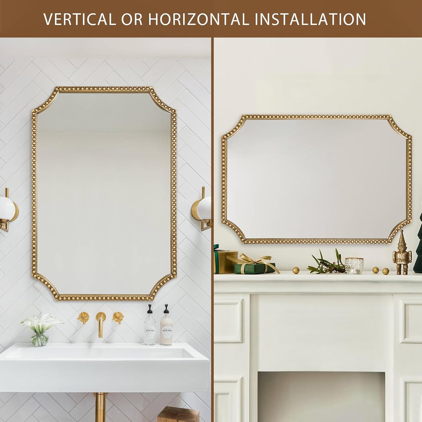 30"x40" Mirror for Wall, Full Scalloped Corners Rectangle Decorative Mirror, Metal Beaded Frame Accent Wall Decor for Bathroom, Entryway, Mantel, Antique Gold