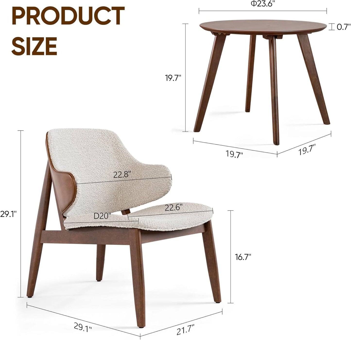 2-Piece Dining Table Set, Mid Century Modern Solid Wood, Round Side Table Set with Upholstered Chair, Easy Assembly for Home, Office and Living Room, Walnut