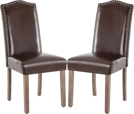 Stylish Upholstered Parsons Dining Chair PU Faux Leather with Silver Nailhead Trim and Sturdy Solid Wood Legs