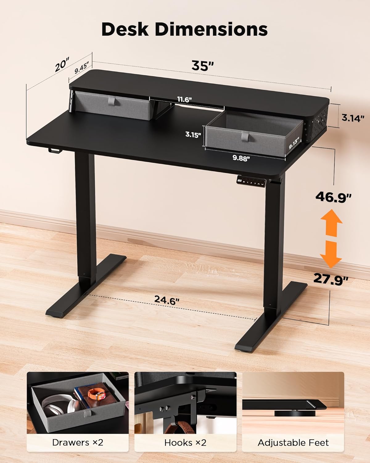 35x20 Inch Standing Desk with Double Drawers, C-Clamp Mount Compatible, Electric Adjustable Height Computer Stand Up Desks, Home Office Sit Stand Table with 3 Preset Heights & 2 Hooks, Black