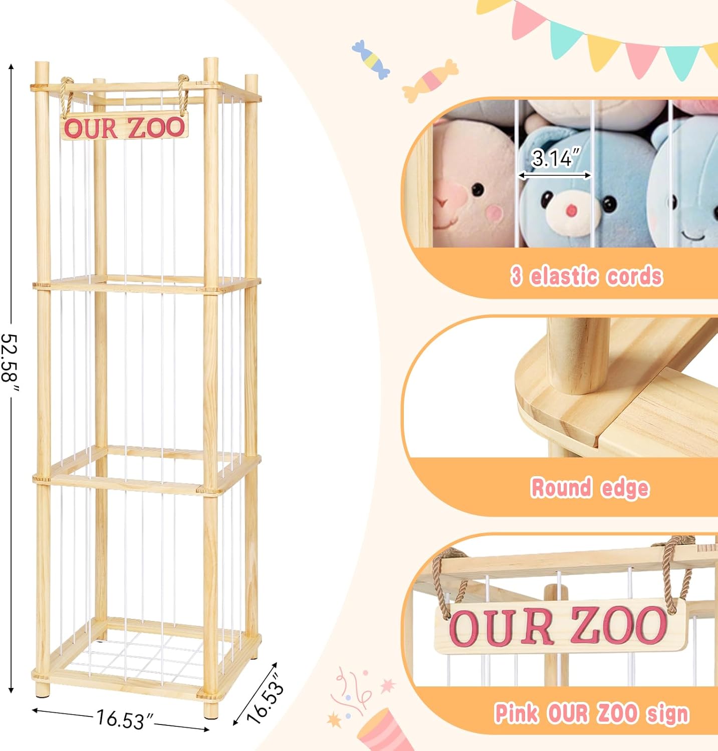 Stuffed Animal Storage - Tall Natural Pine Wood Toy Organizer with Elastic Cords & Shelf, Space-Saving Plushie Playhouse for Nursery, Playroom, Kids Bedroom - Easy Assembly