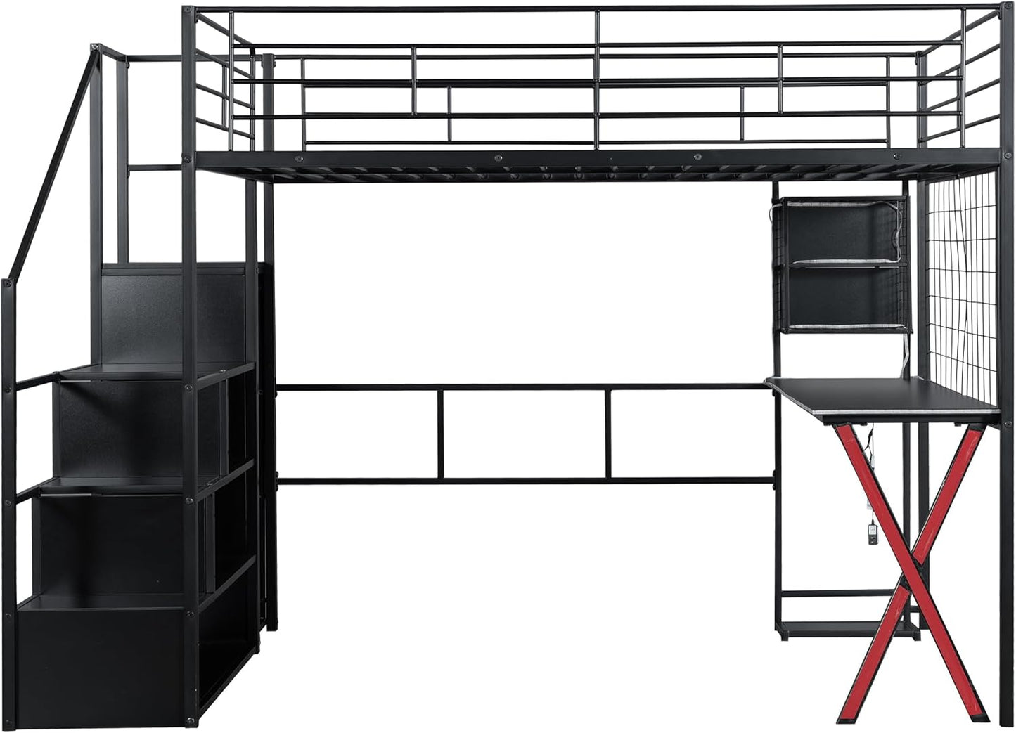 Merax Full Size Metal Loft Bed with Built-in Work Station, Wardrobe, Storage Staircase and LED, Gaming Bed for Kids Teens Adults, Full-Length Guardrails, No Box Spring Needed, Black