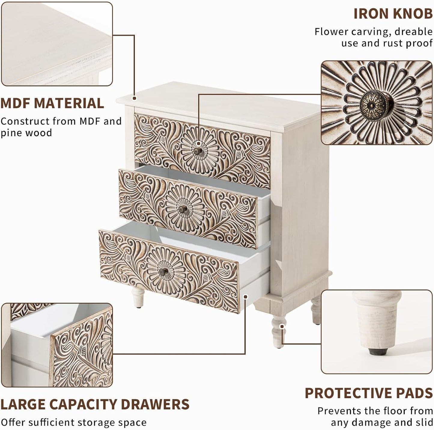 COSIEST 3 Drawers Accent Dresser, Vintage Small Accent Chest with 4 Wood Legs, Free-Standing Buffet Server Nightstand End Table for Bedroom, Living Room, Entryway
