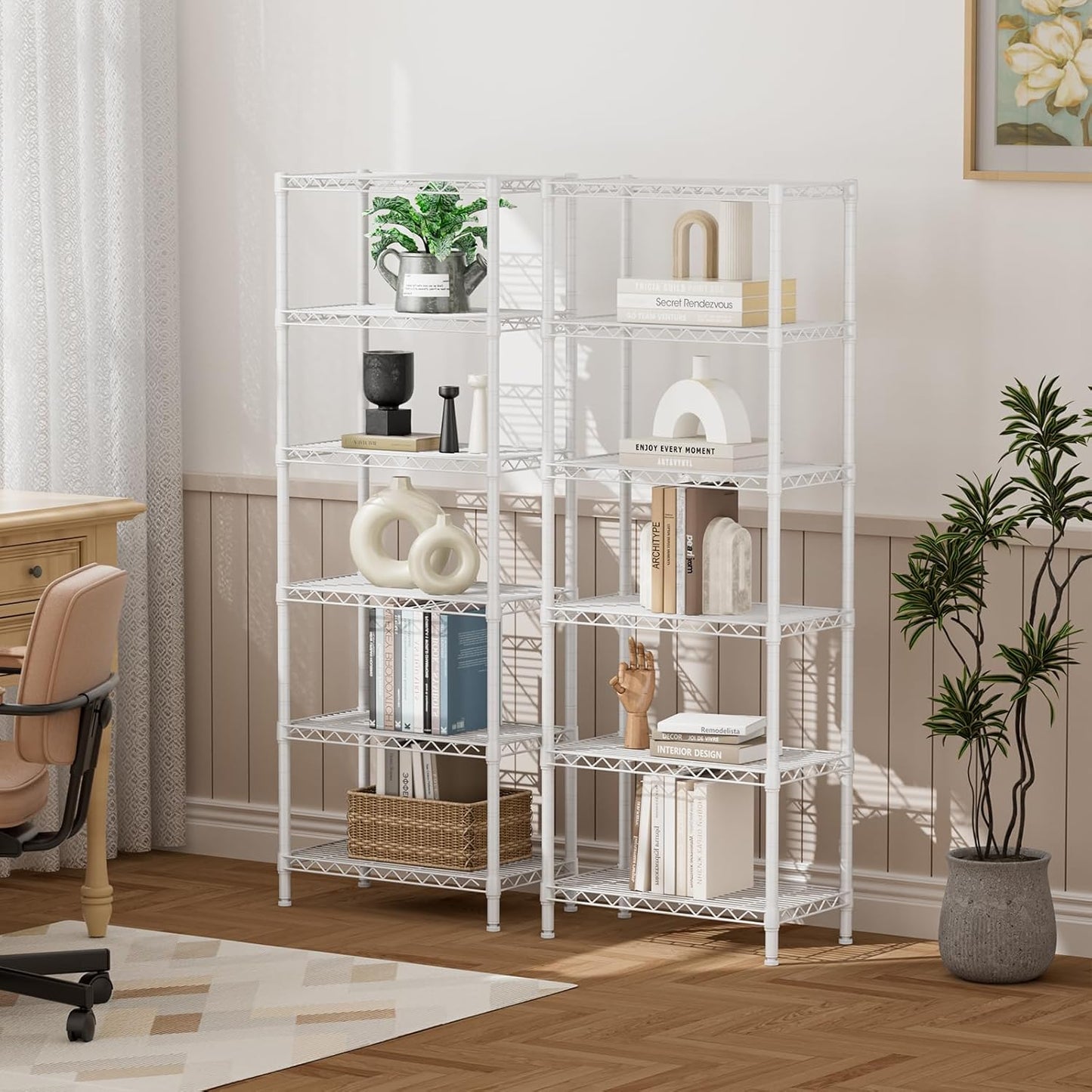 SINGAYE 6 Tier Shelf Adjustable Storage Wire Shelving Unit Metal Shelves Standing Closet Bathroom Organizers Pantry Kitchen Garage Laundry Room Organization Home Rack 12" D X 22" W X 69.5" H White