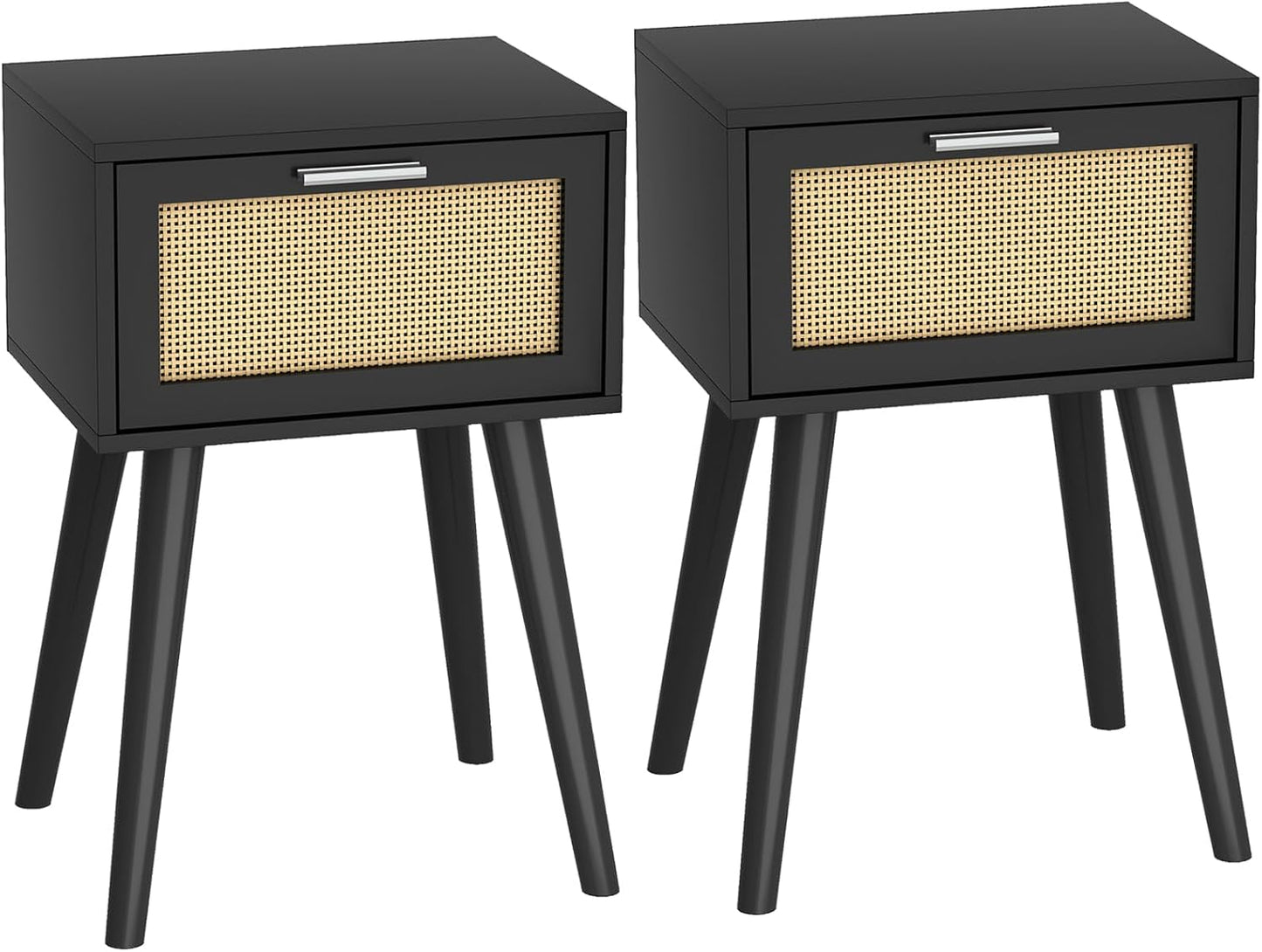 LAATOOREE Nightstand Set of 2, Small End Table with Rattan Door, Bedside Table with Solid Wood Feet, Boho Side Table for Bedroom Living Room Small Space - Black