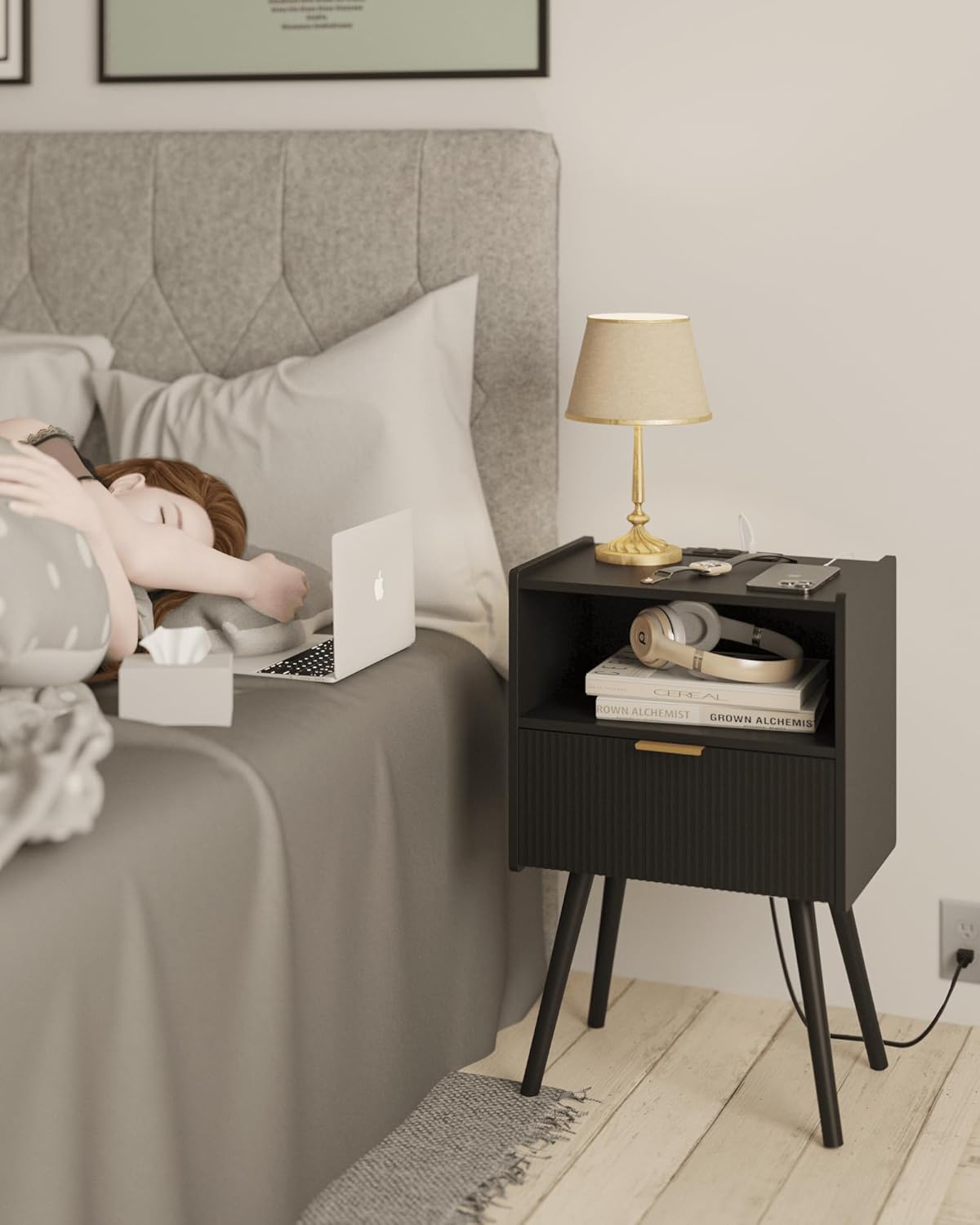 Black Nightstand with Outlet,Modern Bedside Table with Storage Drawer and Open Wood Shelf, for Living Room, Bedroom and Small Spaces, Accent Night Stand with Solid Wood Legs, Easy Assembly