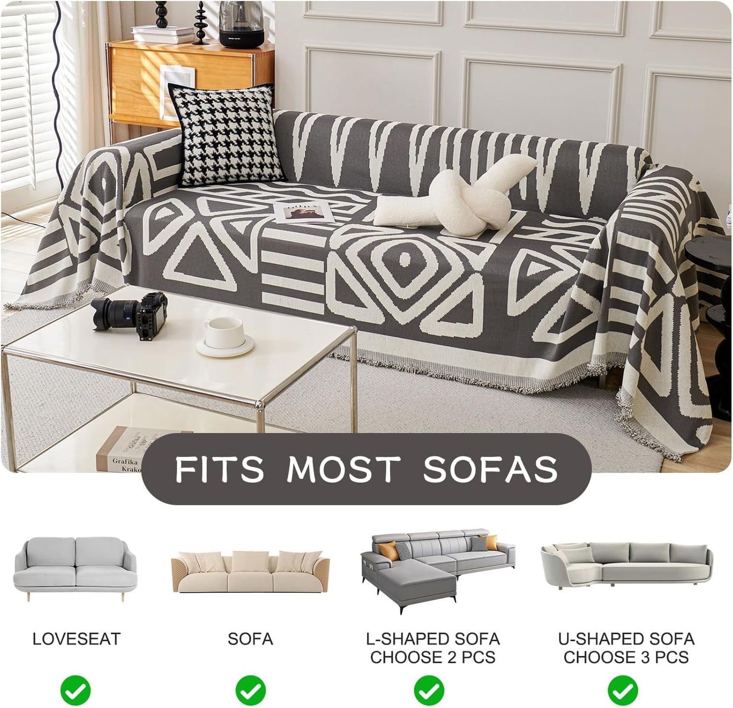 STACYPIK Simple Dark Grey Boho Sofa Cover for Sectional Soft Tassel Chenille Couch Cover for 3 Cushion Couch Reversible Loveseat Cover for Dogs Cats Non-Silp Furniture Cover Multi-Use Blanket-91x118IN