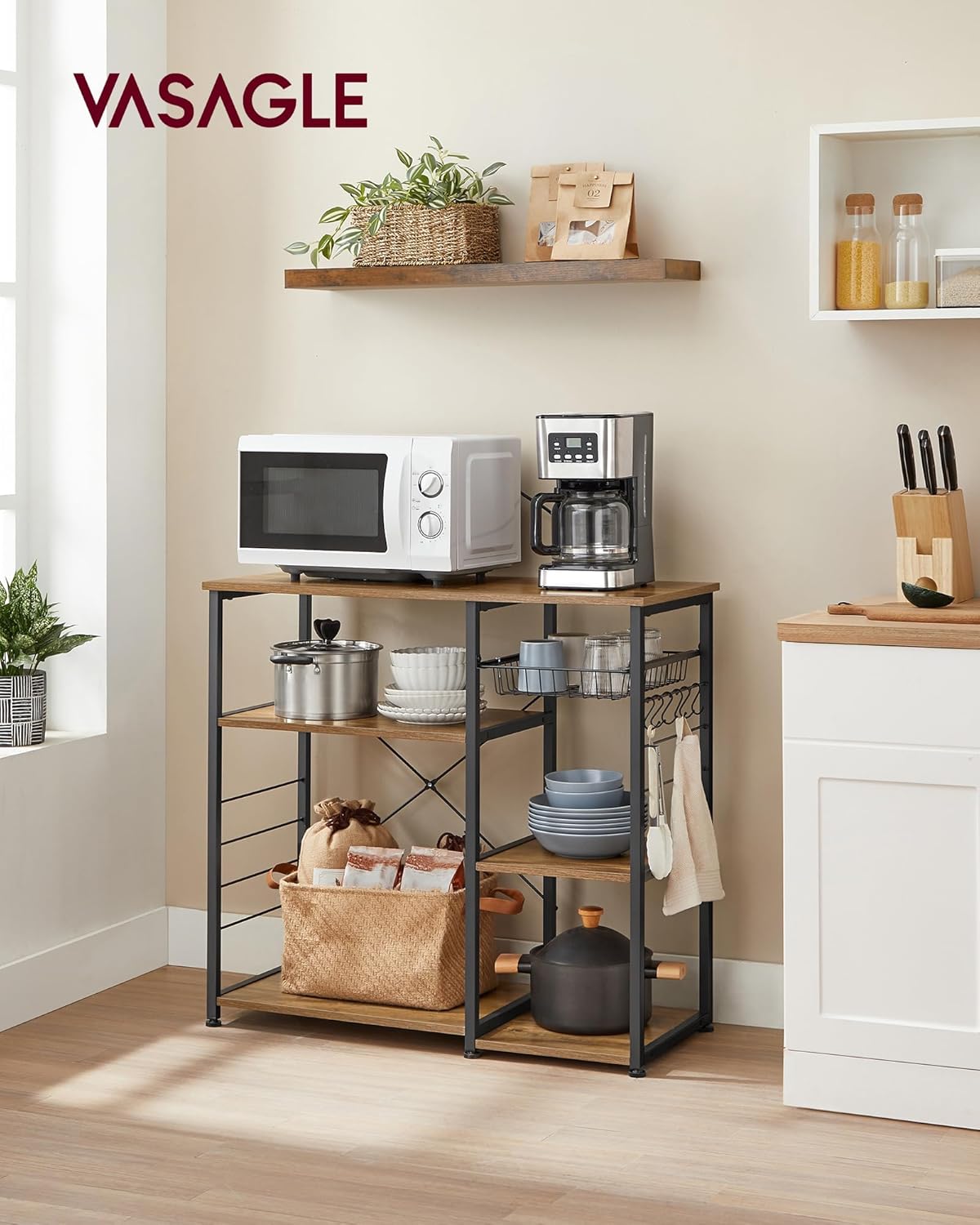 VASAGLE ALINRU Kitchen Baker’s Rack, Coffee Bar, Microwave Oven Stand, with Steel Frame, Wire Basket, 6 Hooks, for Mini Oven, Spices Utensils, Industrial, Rustic Walnut and Black UKKS090B41