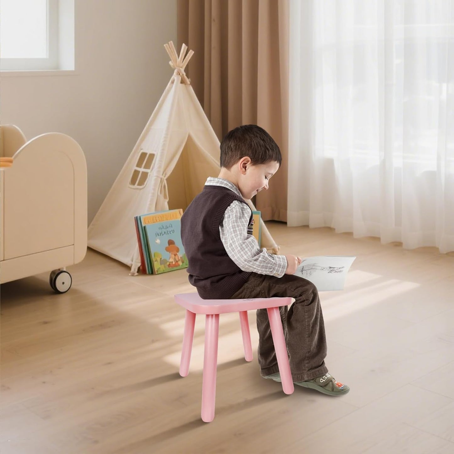 BEE&OAK Wooden Step Stools for Adults, Solid Rubber Wood Non-Slip Step Foot Stool, Heavy Duty 300 lbs One Step Stool for Bedroom, Bathroom, Kitchen,Outdoor (Pink, 11" (D) x 11"(W) x 11.8"(H))