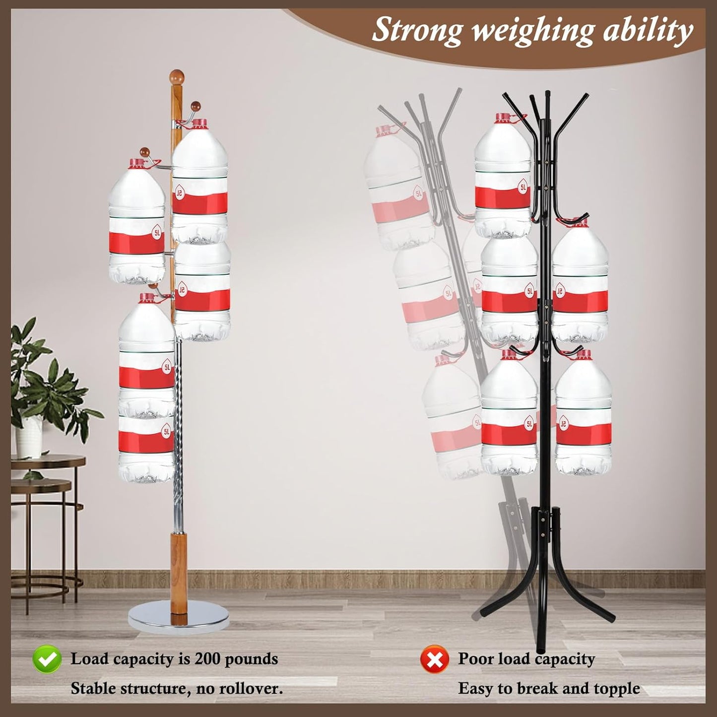 Wooden Coat Rack Freestanding, Vintage Coat Racks with Sturdy Round Base, Adjustable Height 37.40"-72.83" Entrance Coat Rack for Bedroom Living Room Entryway (Solid Wood Metal Hook)