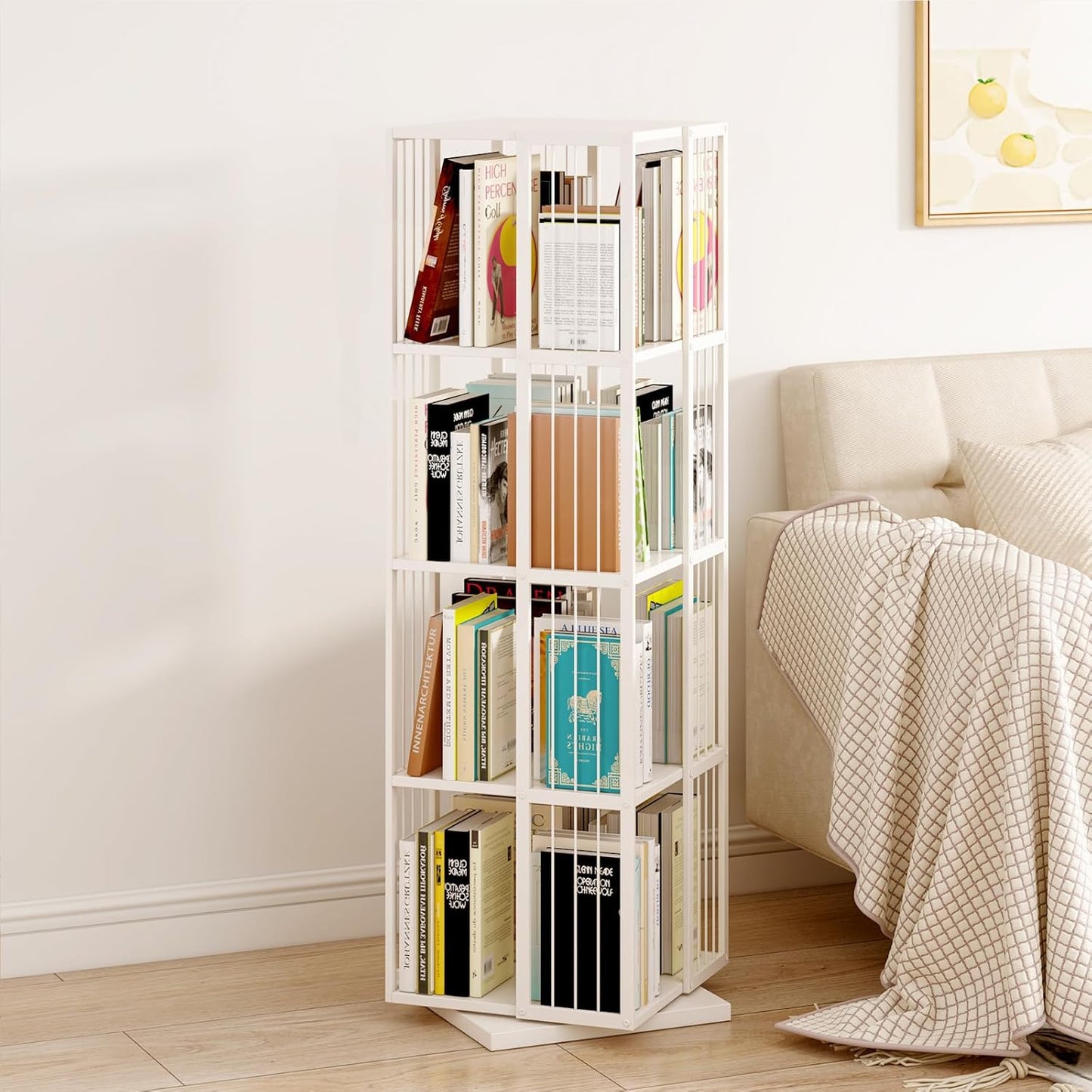 Square Rotating Bookshelf Tower - 360 Spinning Display Corner Bookcase for Narrow Space, Modern 4-Tier Revolving Storage Shelf, White