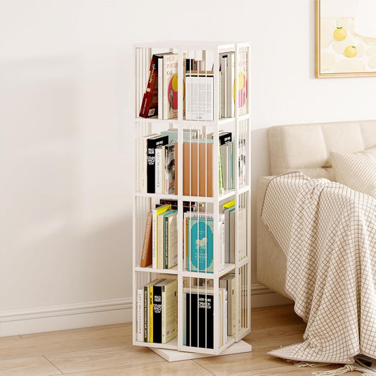 Square Rotating Bookshelf Tower - 360 Spinning Display Corner Bookcase for Narrow Space, Modern 4-Tier Revolving Storage Shelf, White