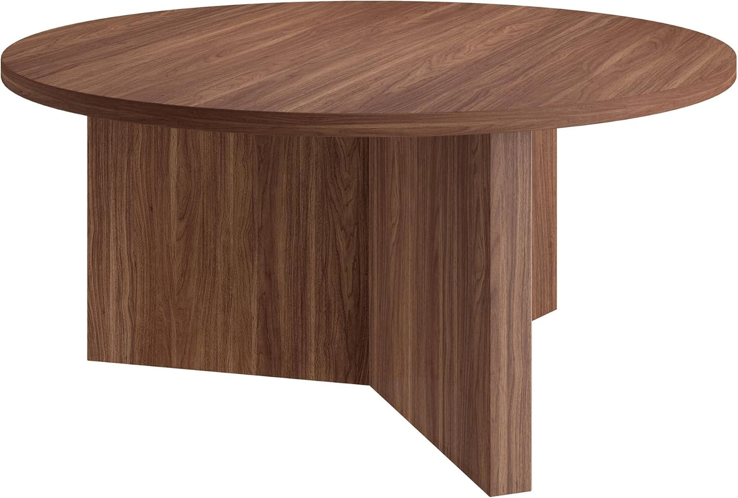 Henn&Hart 36" Round Wood Pedestal Coffee Table for Living Room, Family Room, Office, or Apartment, Satin Walnut
