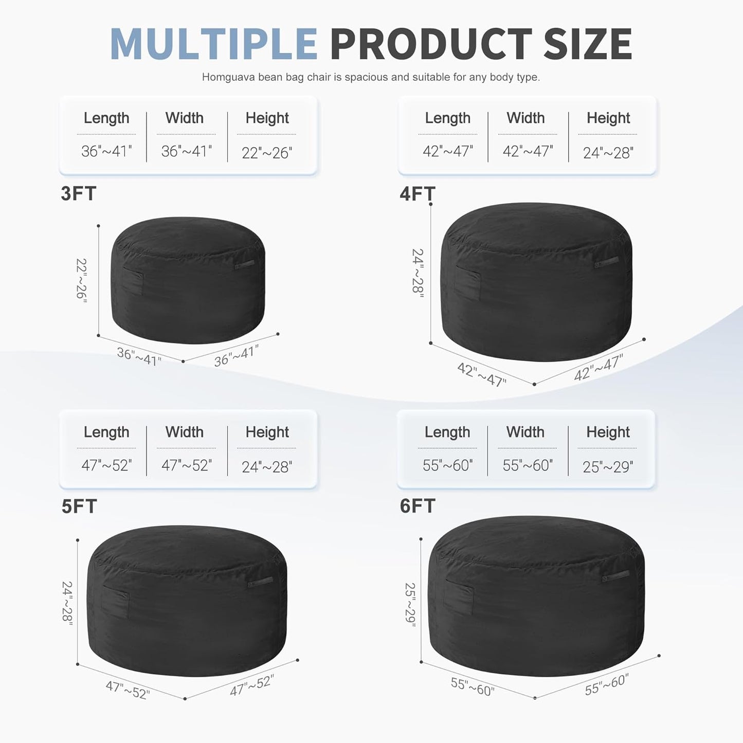 Homguava 5FT Bean Bag Chair Giant BeanBag with Memory Foam Filled, Comfy Bean Bag Chairs for Adults, Adult Bean Bag Chair with Dutch Velvet Cover for Living Room Bedroom-Black