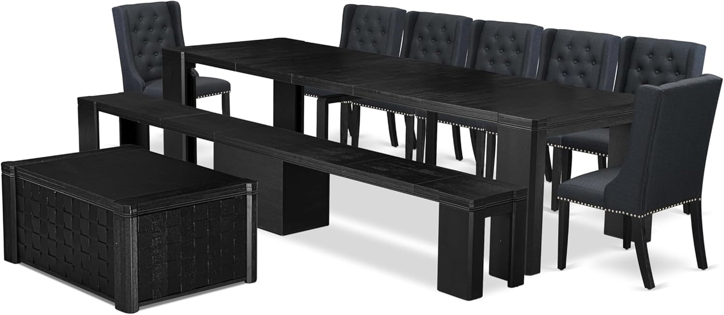 X07FO-BC6-24 - 10-piece Dining Table Set a Kitchen Table with a coffee Table and a wooden Bench and 7 Black Linen Fabric Dining Chair, 39x120 Inch, Wire Brushed Black