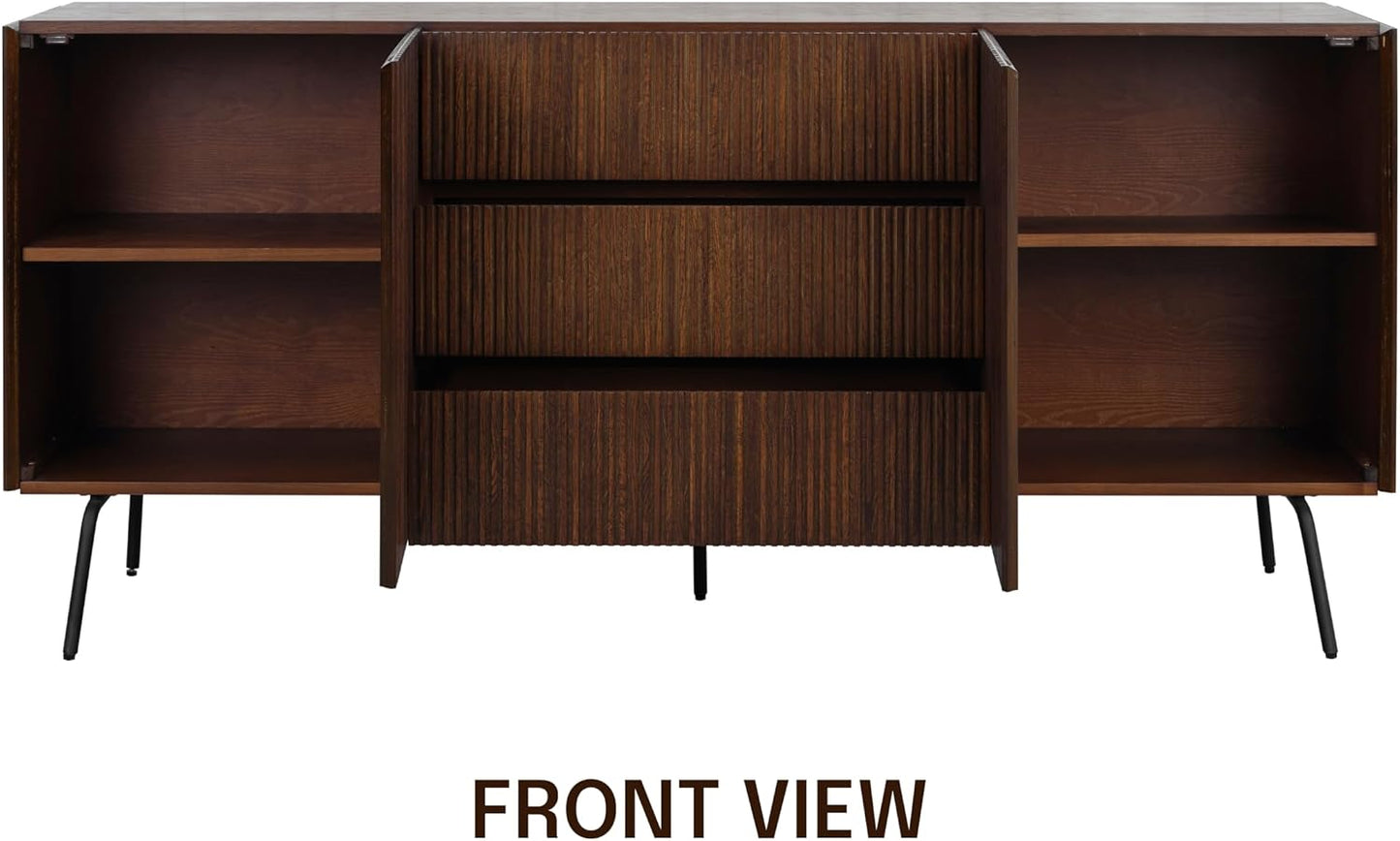 NTC Veil Sideboard with 2 Doors and 3 Drawers, Buffet Cabinet with Vertical Groove Design and Metal Legs, Storage Cabinet for Living Room, and Entryway, Effortless Assembly - Dark Walnut