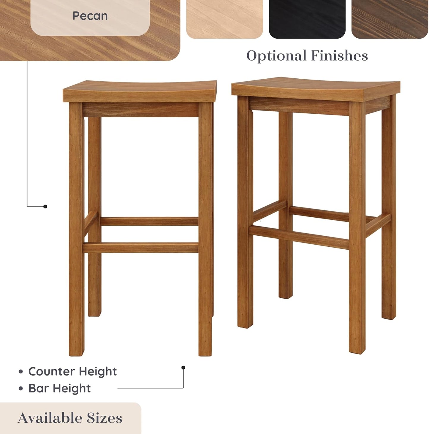 Grain & Grove Smith Collection Set of 2 Solid Wood Bar Stools, 30 inch Saddle-Seat Bar Chairs, Backless, Heavy-Duty Construction, Footrest Support, for Kitchen Islands, Home Bars, and Counters, Pecan