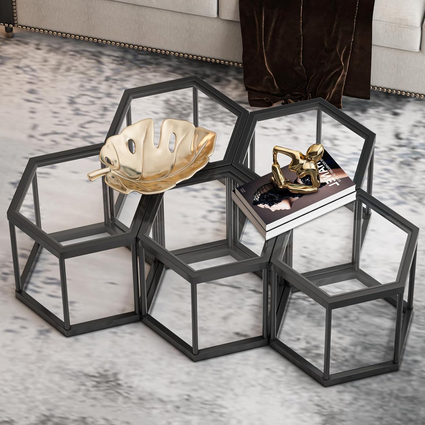 Coffee Table Glass Modern Coffee Table, Hexagon Free Combination Glass Center Table Small End Tables with Metal Frame for Living Room Set of 1