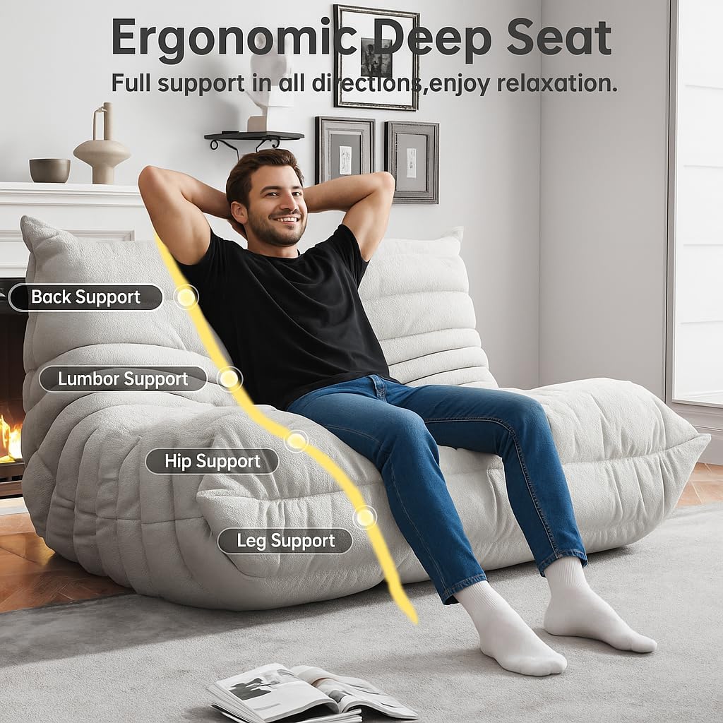 Bean Bag Chairs for Adults, BeanBag Reading Chair Memory Foam Couch, Floor Chair Soft Teddy Material, Comfy Reading Nook Chairs for Bedroom Living Room Office(White)