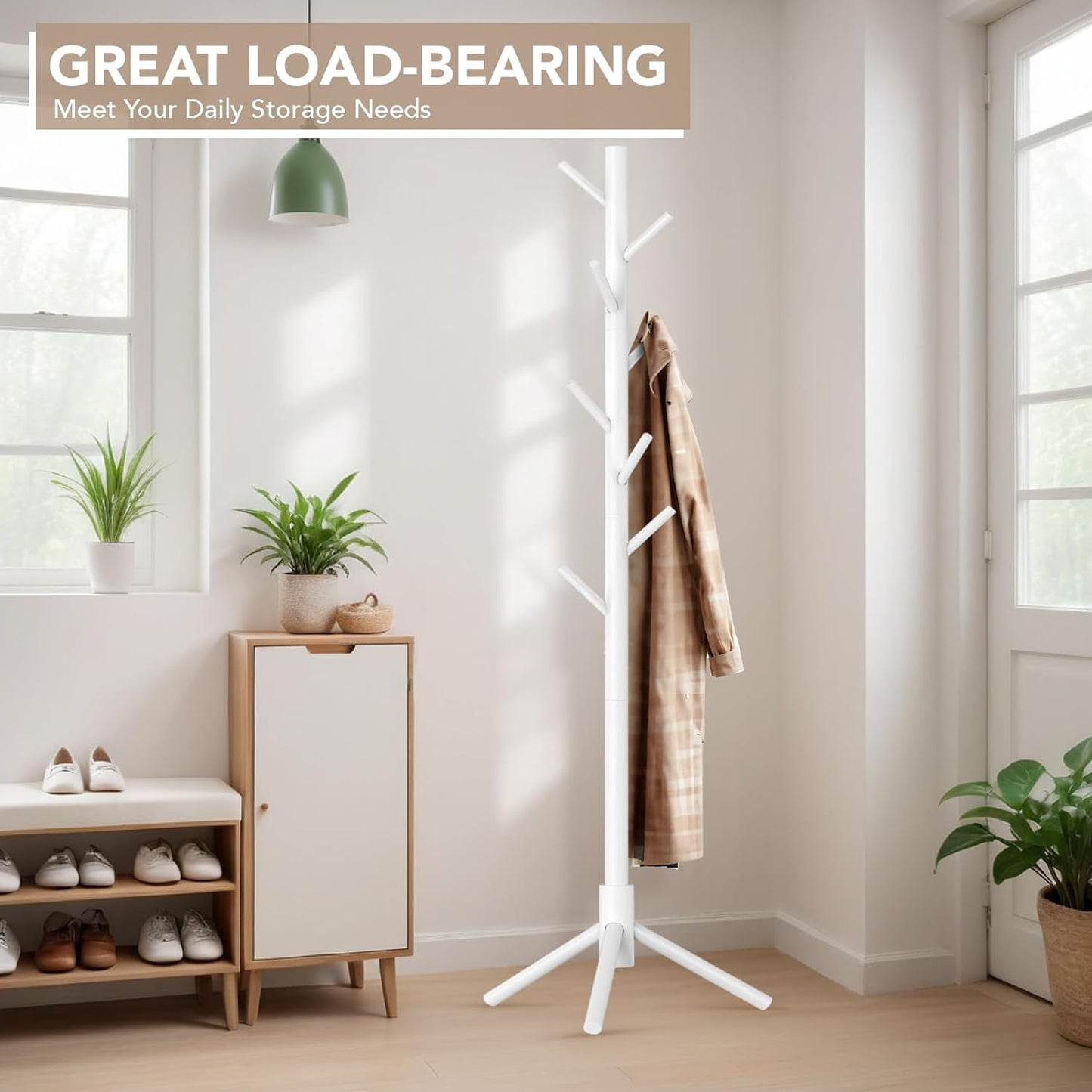 Wooden Tree Coat Rack Stand,Sturdy Freestanding Coat Rack with 8 Hooks,3 Adjustable Height for Child Adult,Wood Coat Stand Tree Fits Entryway Bedroom Office for Bags,Hats, 2 Pack