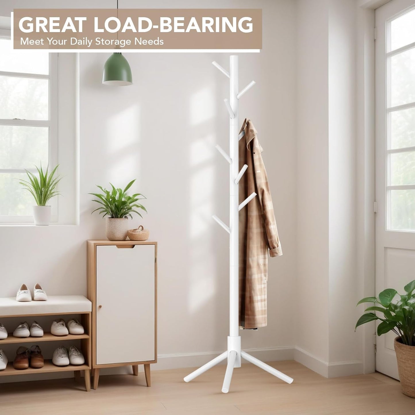Wooden Tree Coat Rack Stand,Sturdy Freestanding Coat Rack with 8 Hooks,3 Adjustable Height for Child Adult,Wood Coat Stand Tree Fits Entryway Bedroom Office for Bags,Hats