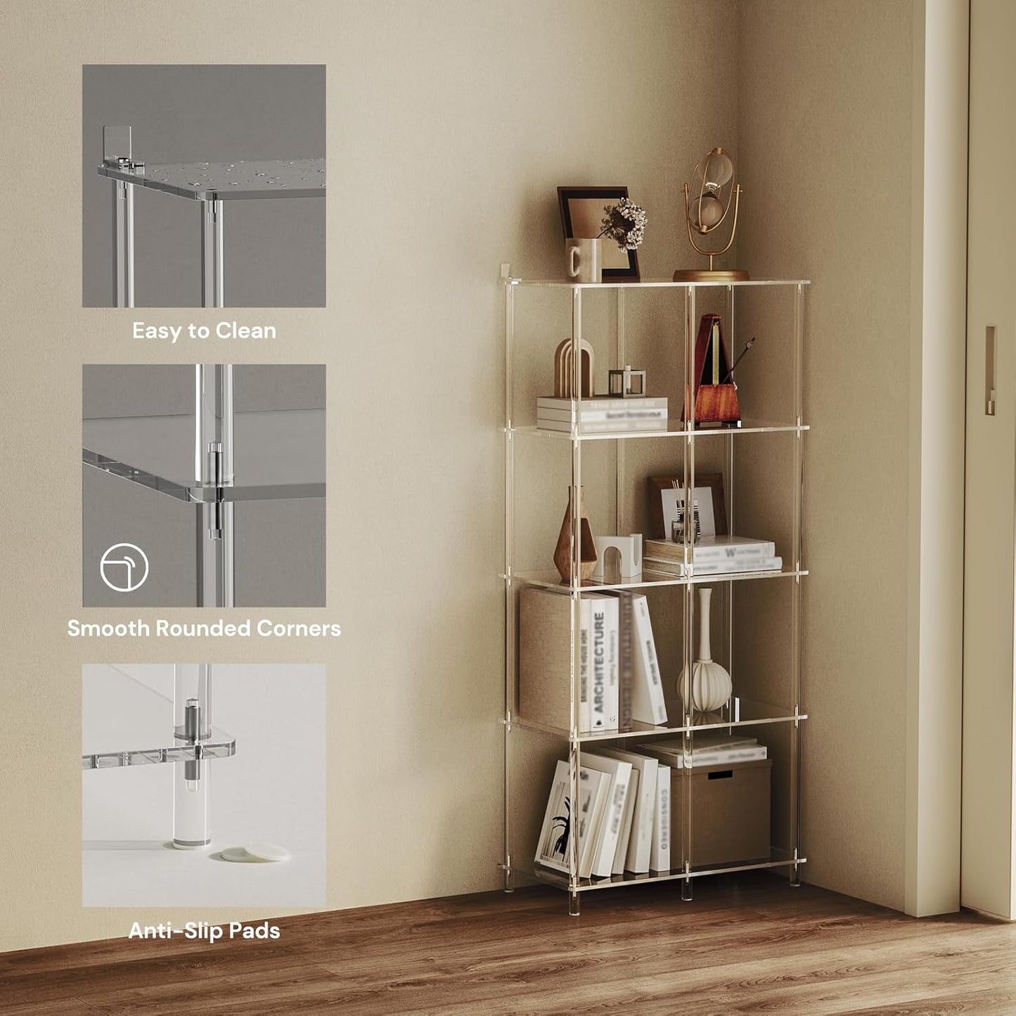 5-Tier Acrylic Bookshelf with 8 Cube Storage, Clear Bookcase for Home Office, Mordern, Multifunctional Open Book Shelves for Living Room, Bedroom, 50.8" H, Easy Assembly