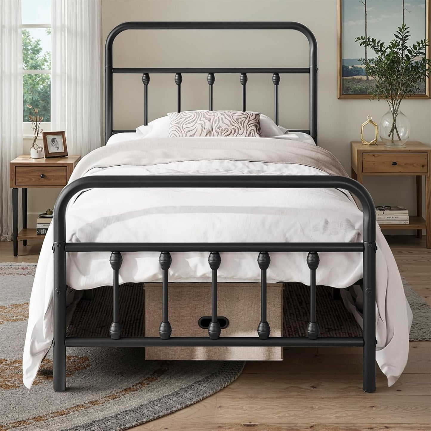 Twin Bed Frame-Classic Metal Platform Bed Frame Mattress Foundation with Victorian Style Iron-Art Headboard/Footboard/Storage Space/No Box Spring Needed/Black