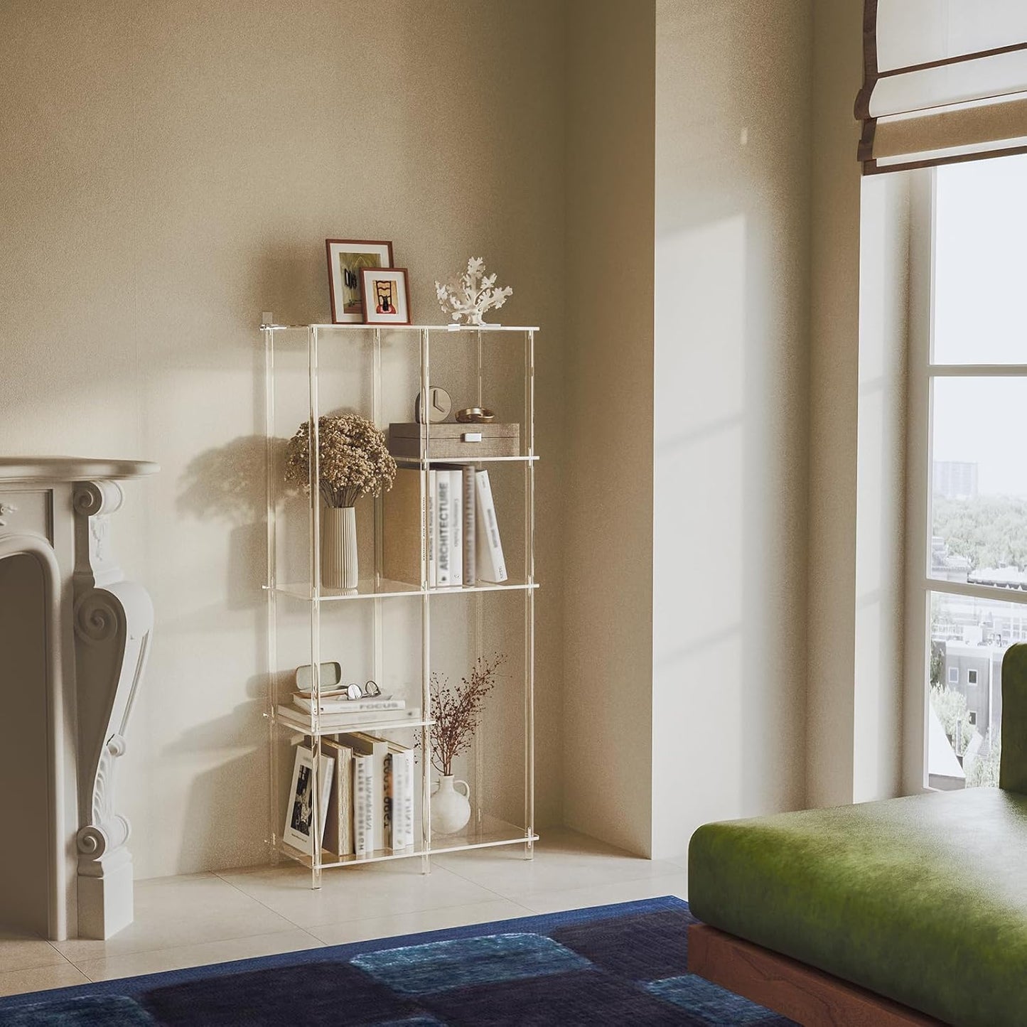 Acrylic 6-Cube Bookshelf, 11.8" D x 23.6" W x 50.8" H, 5-Tier Clear Geometric Bookcase, Modern Open Display Book Shelf for Living Room, Bedroom, Office, Easy Assembly