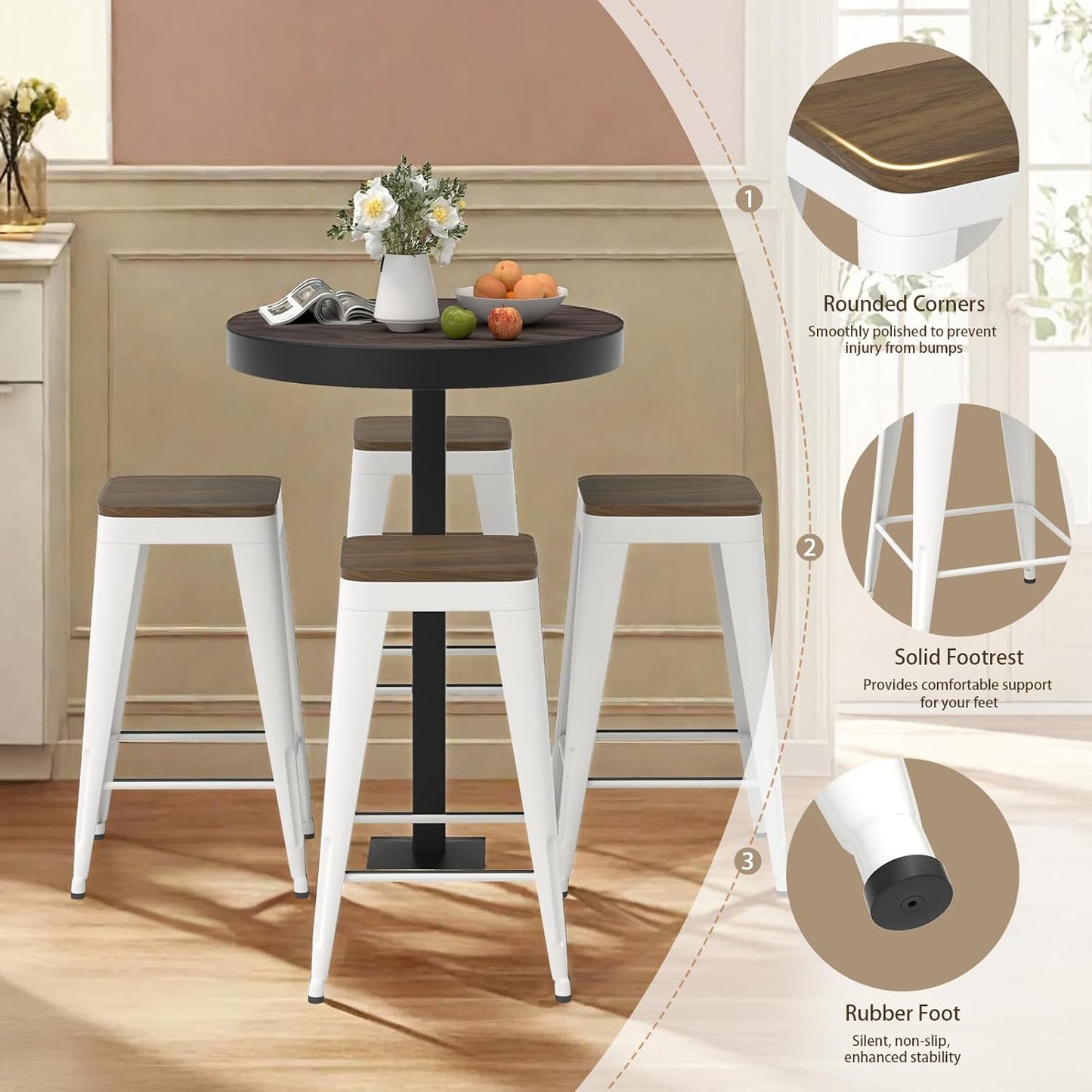 26 inch Backless Bar Stools Set of 4, Indoor Metal Bar Stools with Wood Seat, Industrial Counter Height Barstools for Kitchen Island, White